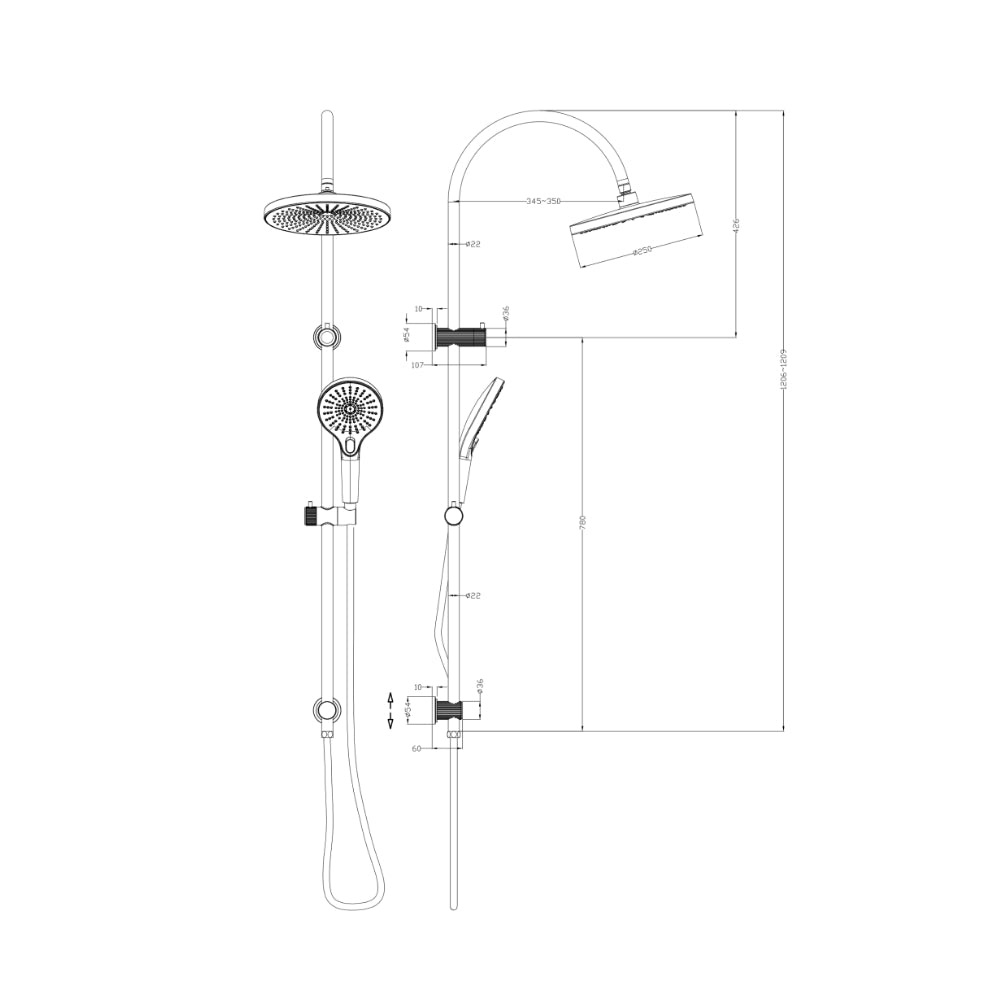 BELLA VISTA MICA GOOSENECK DUAL SHOWER RAIL 1206MM GUN METAL