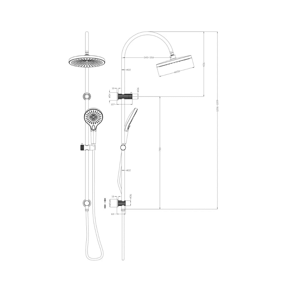 BELLA VISTA MICA FLUTED GOOSENECK DUAL SHOWER RAIL 1200MM BLACK