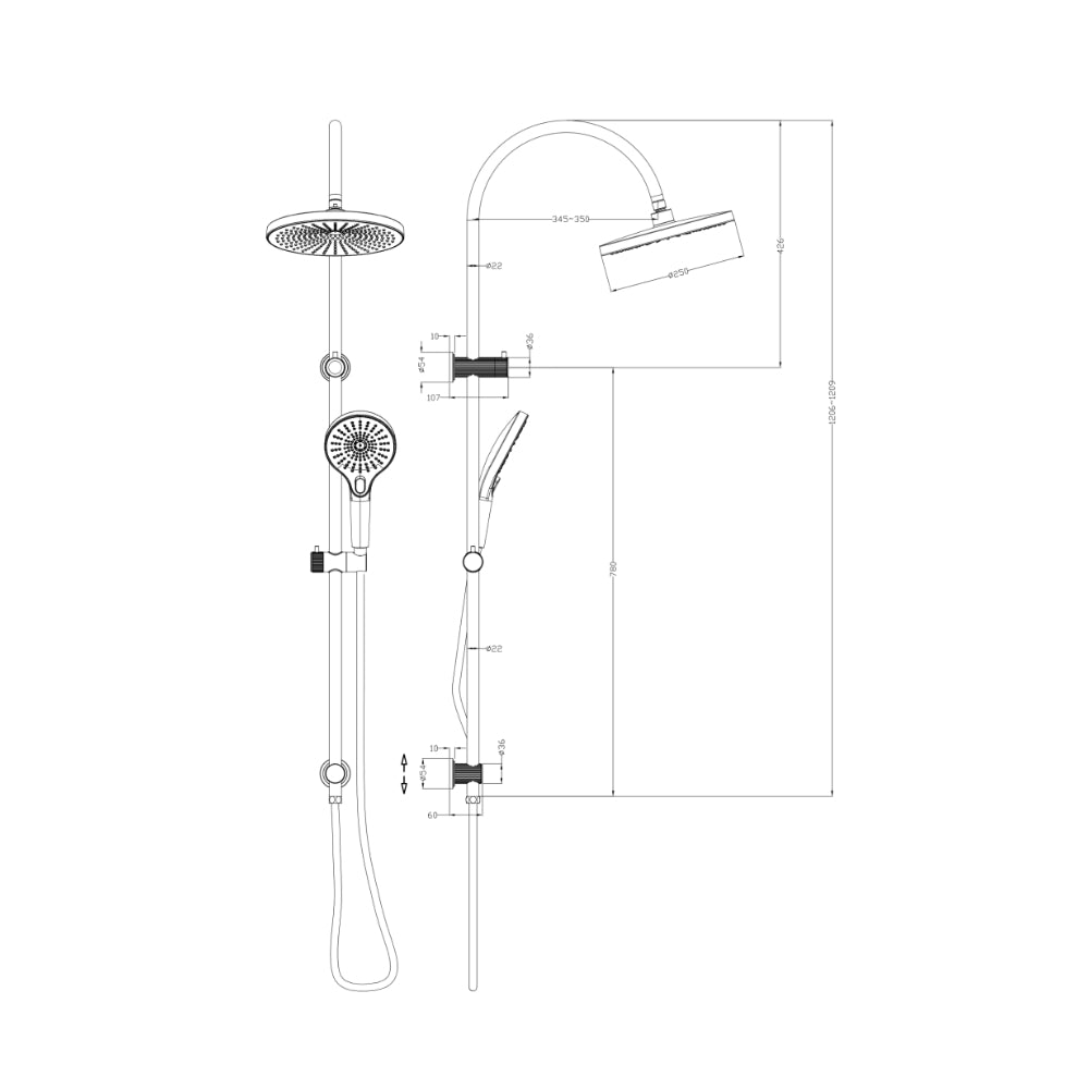 BELLA VISTA MICA FLUTED GOOSENECK DUAL SHOWER RAIL 1200MM BRUSHED NICKEL