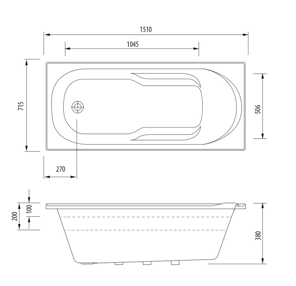 OLIVERI DUBLIN INSET BATHTUB WITH TILE BEAD HIGH GLOSS WHITE (AVAILABLE IN 1510MM AND 1650MM)