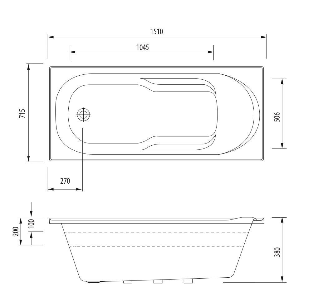 OLIVERI DUBLIN INSET BATHTUB WITH TILE BEAD HIGH GLOSS WHITE (AVAILABLE IN 1510MM AND 1650MM)