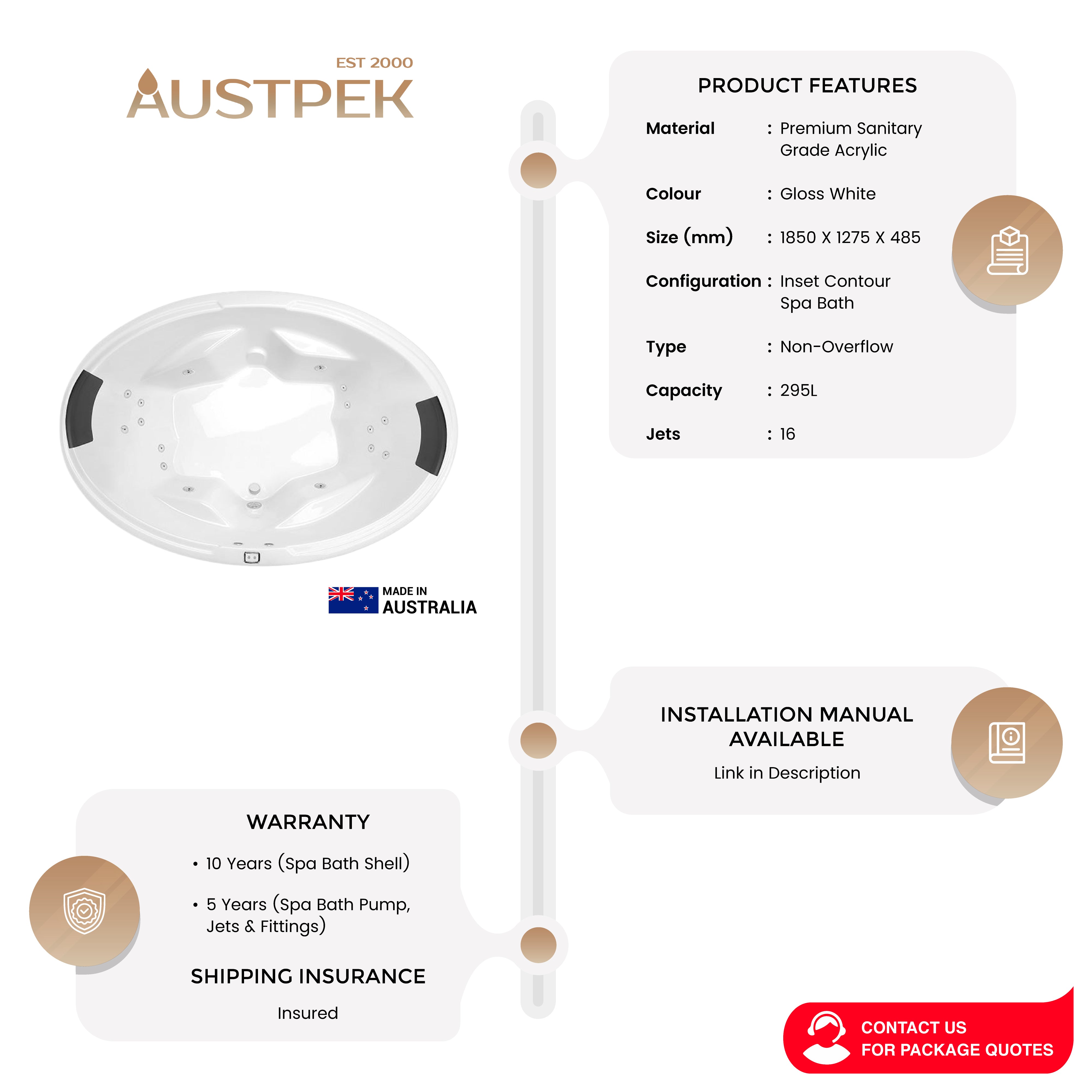 DECINA DUO INSET CONTOUR SPA BATH GLOSS WHITE 1850MM WITH 16-JETS