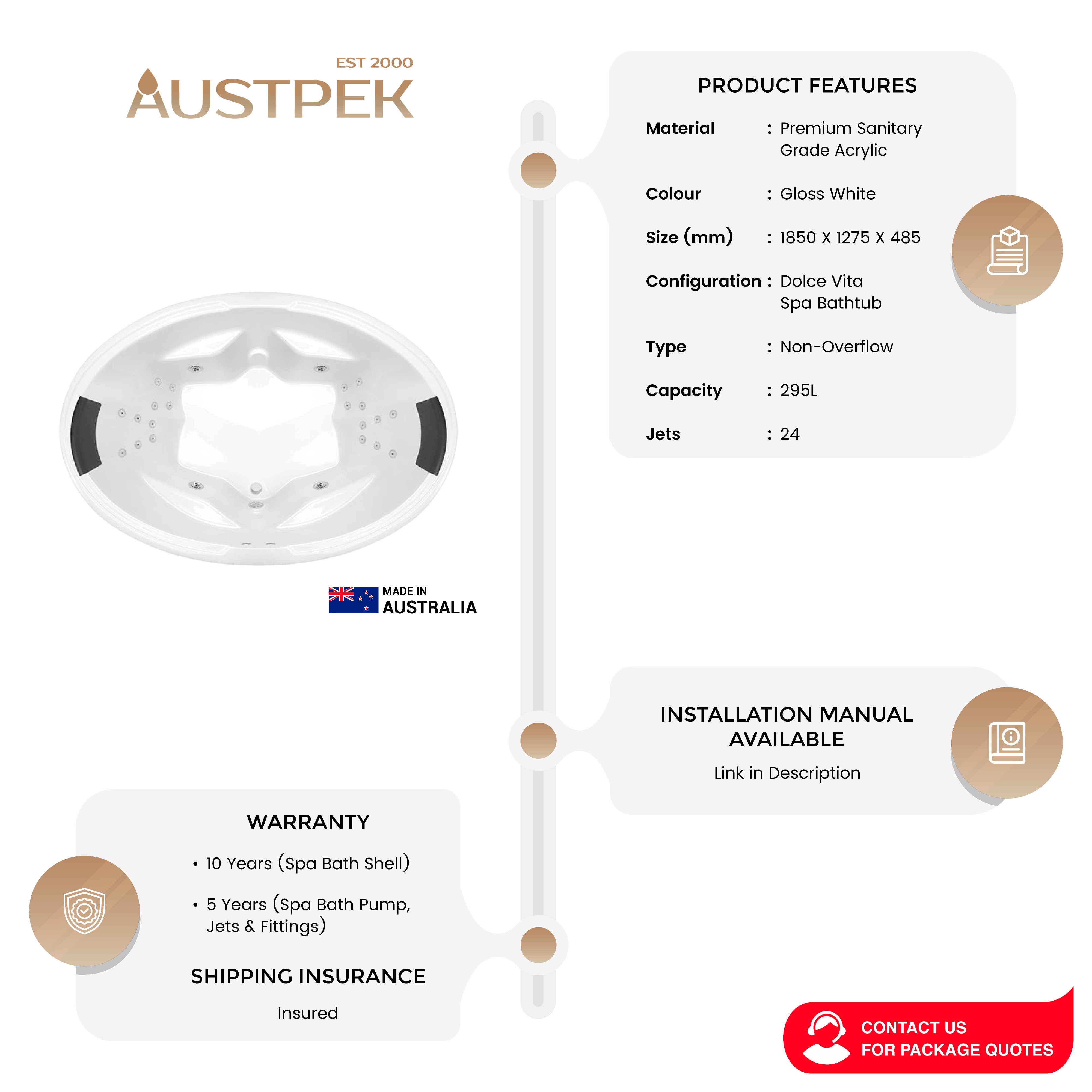 DECINA DUO INSET DOLCE VITA SPA BATHTUB GLOSS WHITE 1850MM WITH 24-JETS