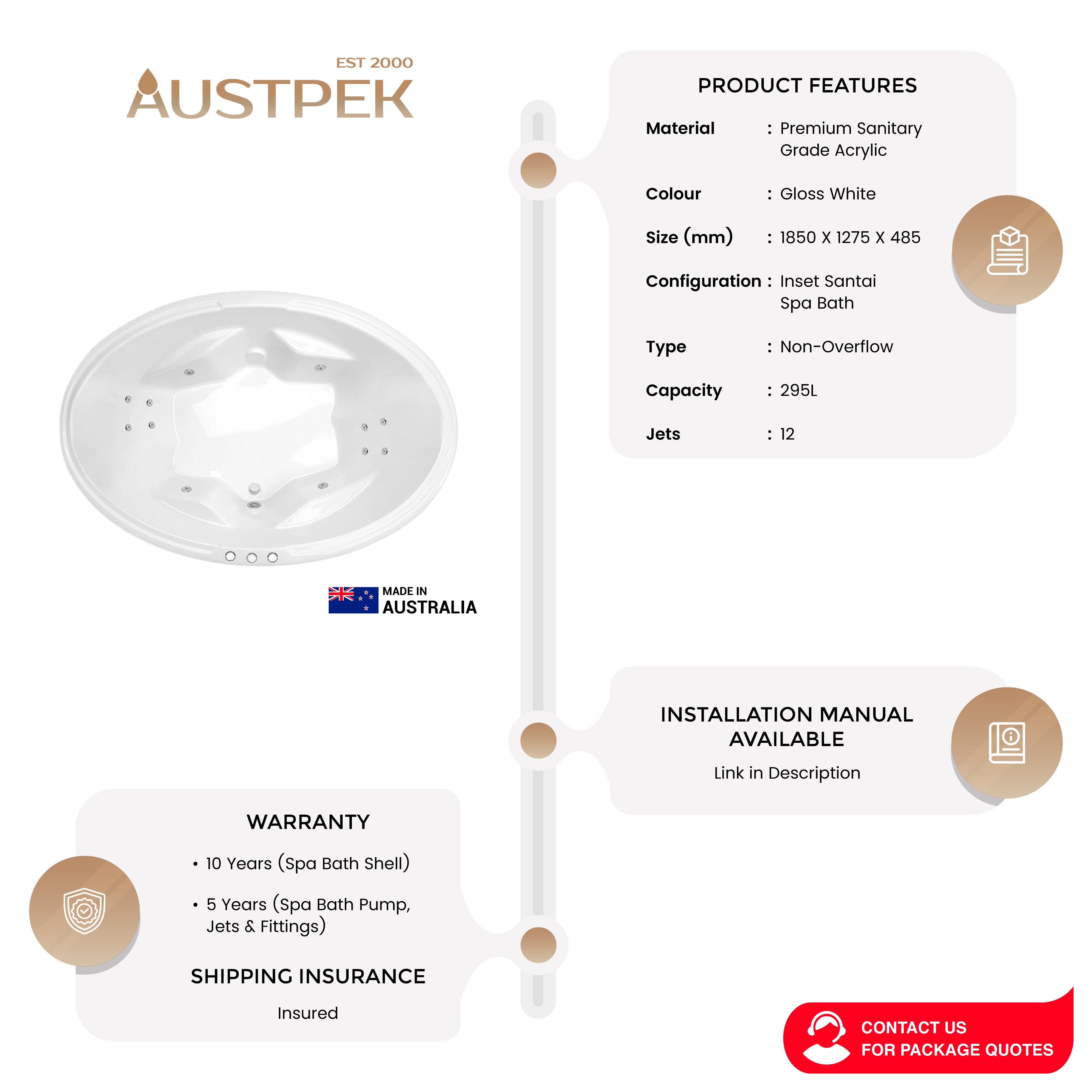 DECINA DUO INSET SANTAI SPA BATH GLOSS WHITE 1850MM WITH 12-JETS