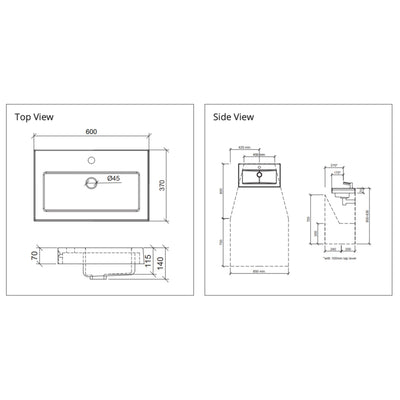 DUROCLASS MONACO GRAND ENSUITE WALL HUNG ACCESSIBLE BASIN GLOSS WHITE 600MM
