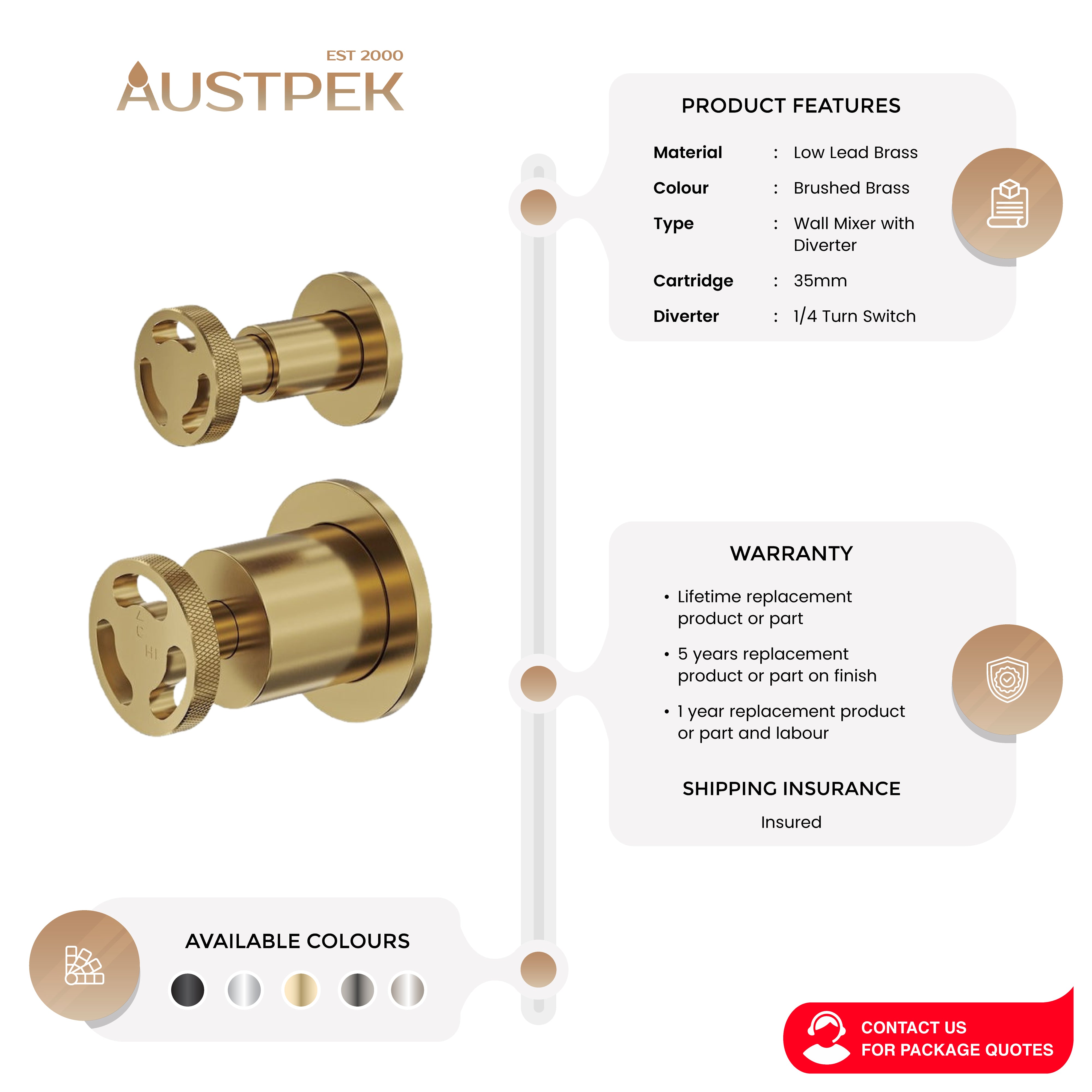 LINSOL DYNAMIK 2-PLATES WALL MIXER WITH DIVERTER BRUSHED BRASS