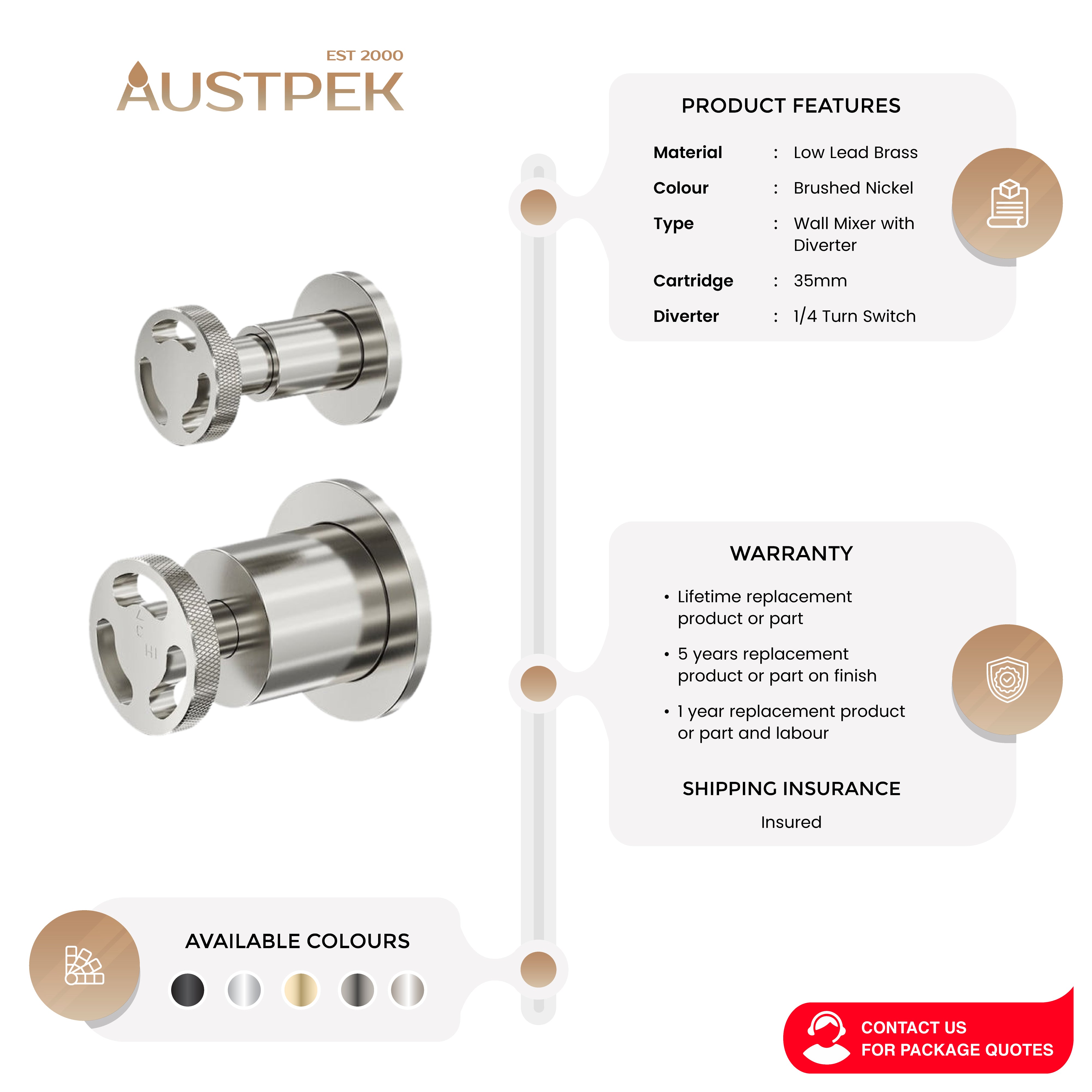 LINSOL DYNAMIK 2-PLATES WALL MIXER WITH DIVERTER BRUSHED NICKEL