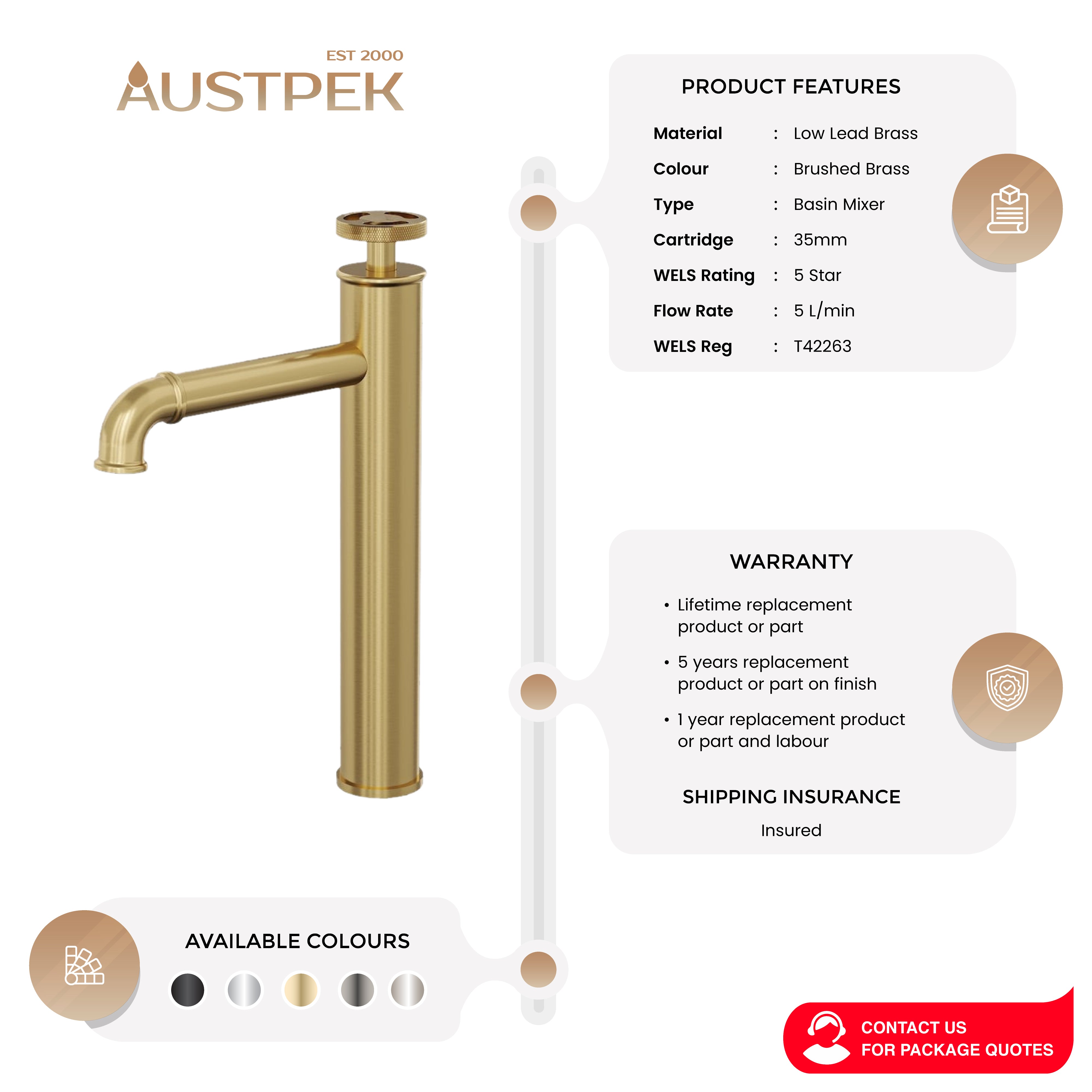 LINSOL DYNAMIK TALL BASIN MIXER BRUSHED BRASS