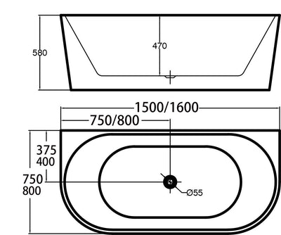 RIVA DANA BACK TO WALL BATHTUB GLOSS WHITE (AVAILABLE IN 1500MM AND 1600MM)