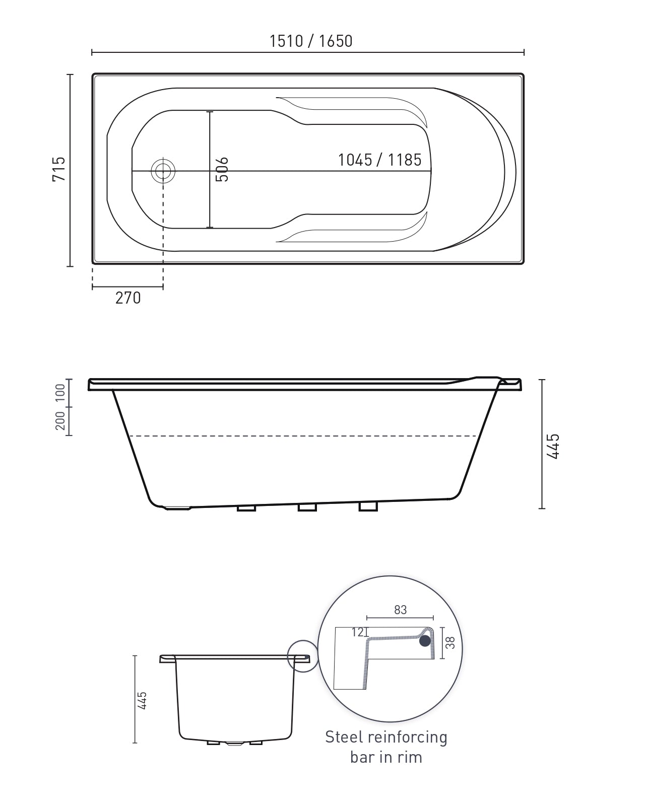 DECINA ADATTO INSET BATH GLOSS WHITE (AVAILABLE IN 1510MM AND 1650MM)
