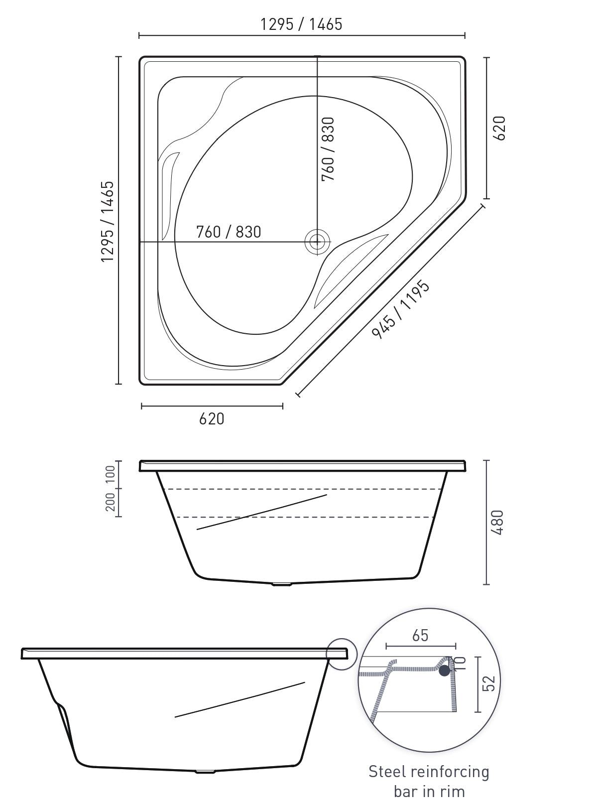 DECINA ANGELIQUE INSET CORNER BATH GLOSS WHITE (AVAILABLE IN 1295MM AND 1465MM)