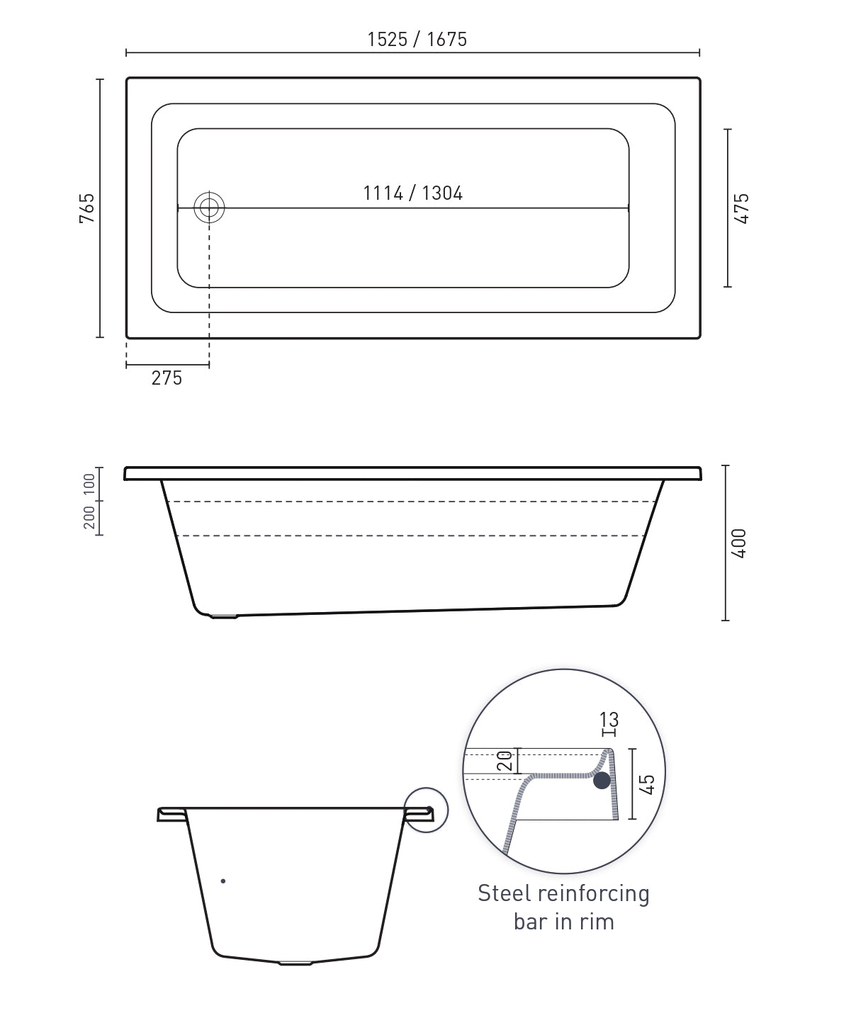 DECINA ARIA INSET BATH GLOSS WHITE (AVAILABLE IN 1525MM AND 1675MM)