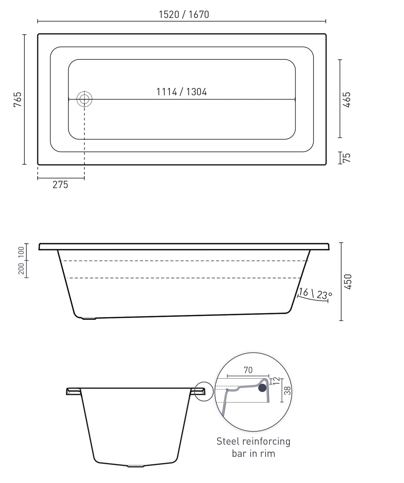 DECINA CORTEZ INSET BATH GLOSS WHITE (AVAILABLE IN 1520MM AND 1670MM)