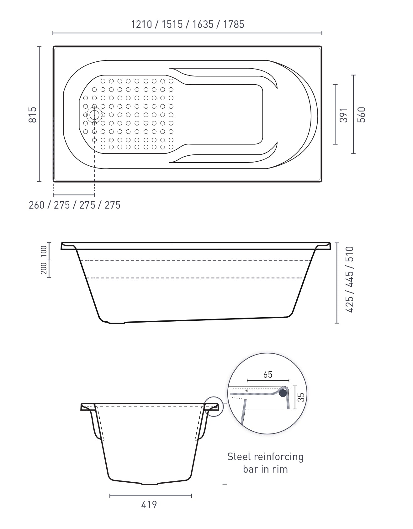 DECINA MODENA INSET BATH GLOSS WHITE (AVAILABLE IN 1210MM, 1515MM, 1635MM AND 1785MM)