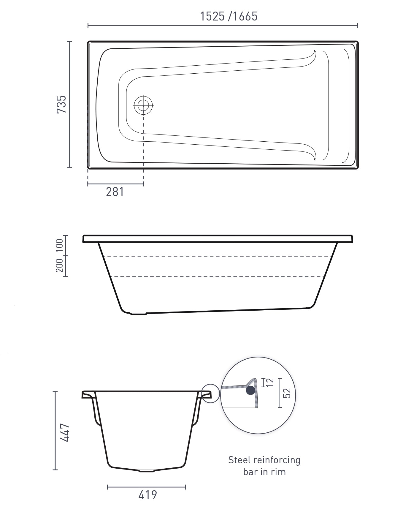 DECINA NOVARA INSET BATH GLOSS WHITE (AVAILABLE IN 1525MM, 1650MM AND 1665MM)