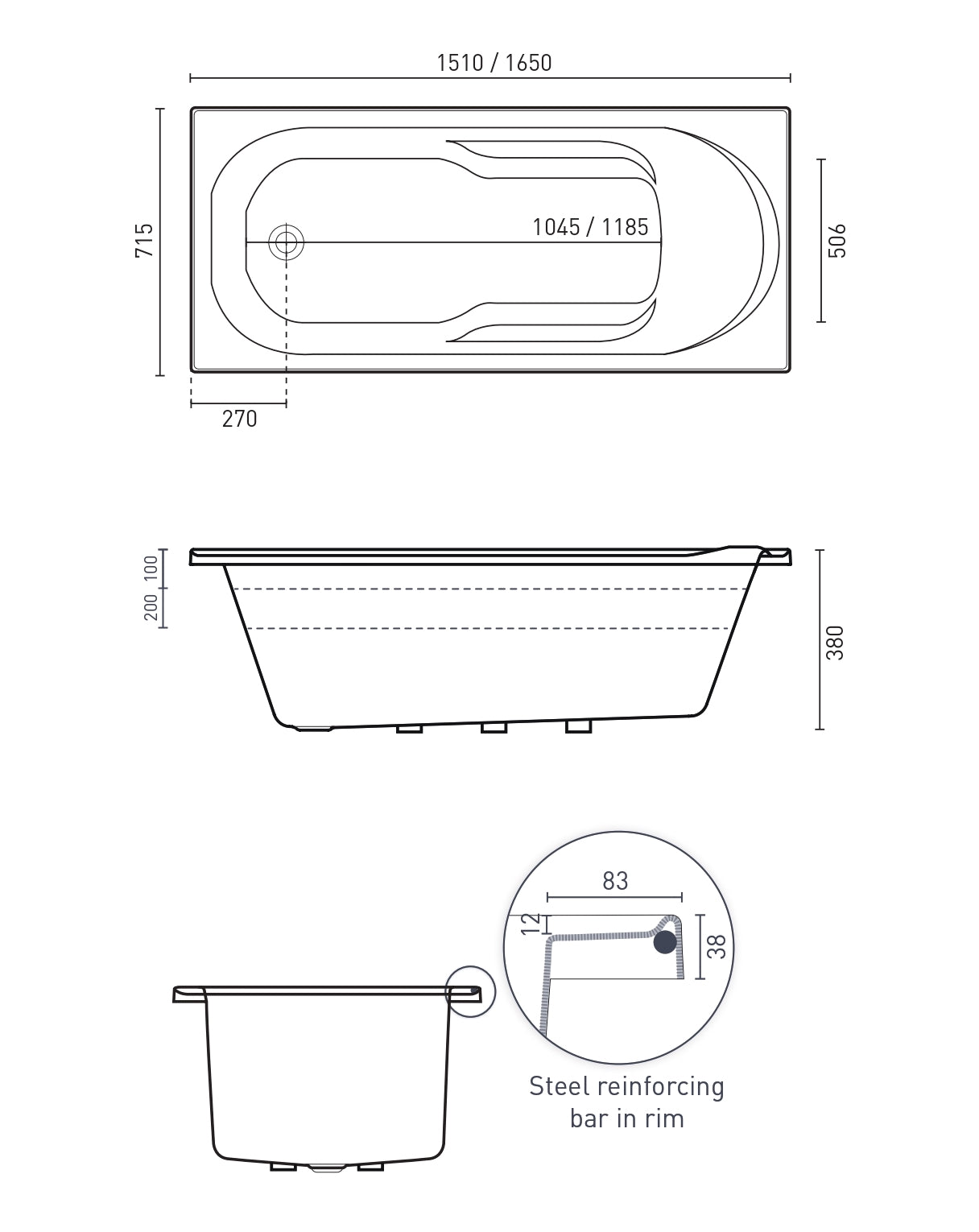 DECINA PREZZO INSET BATH GLOSS WHITE (AVAILABLE IN 1510MM AND 1650MM)