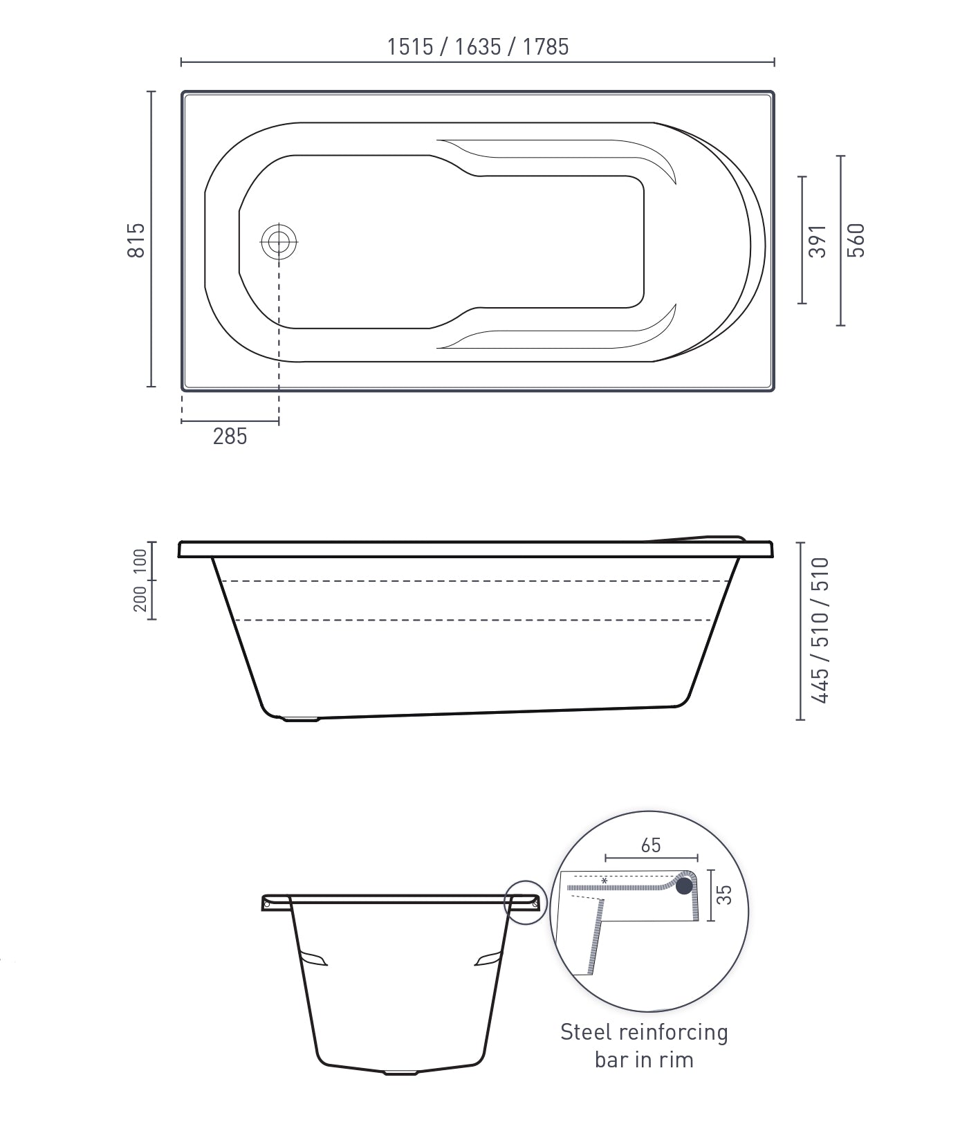 DECINA PRIMA INSET BATH GLOSS WHITE (AVAILABLE IN 1515MM, 1635MM AND 1785MM)