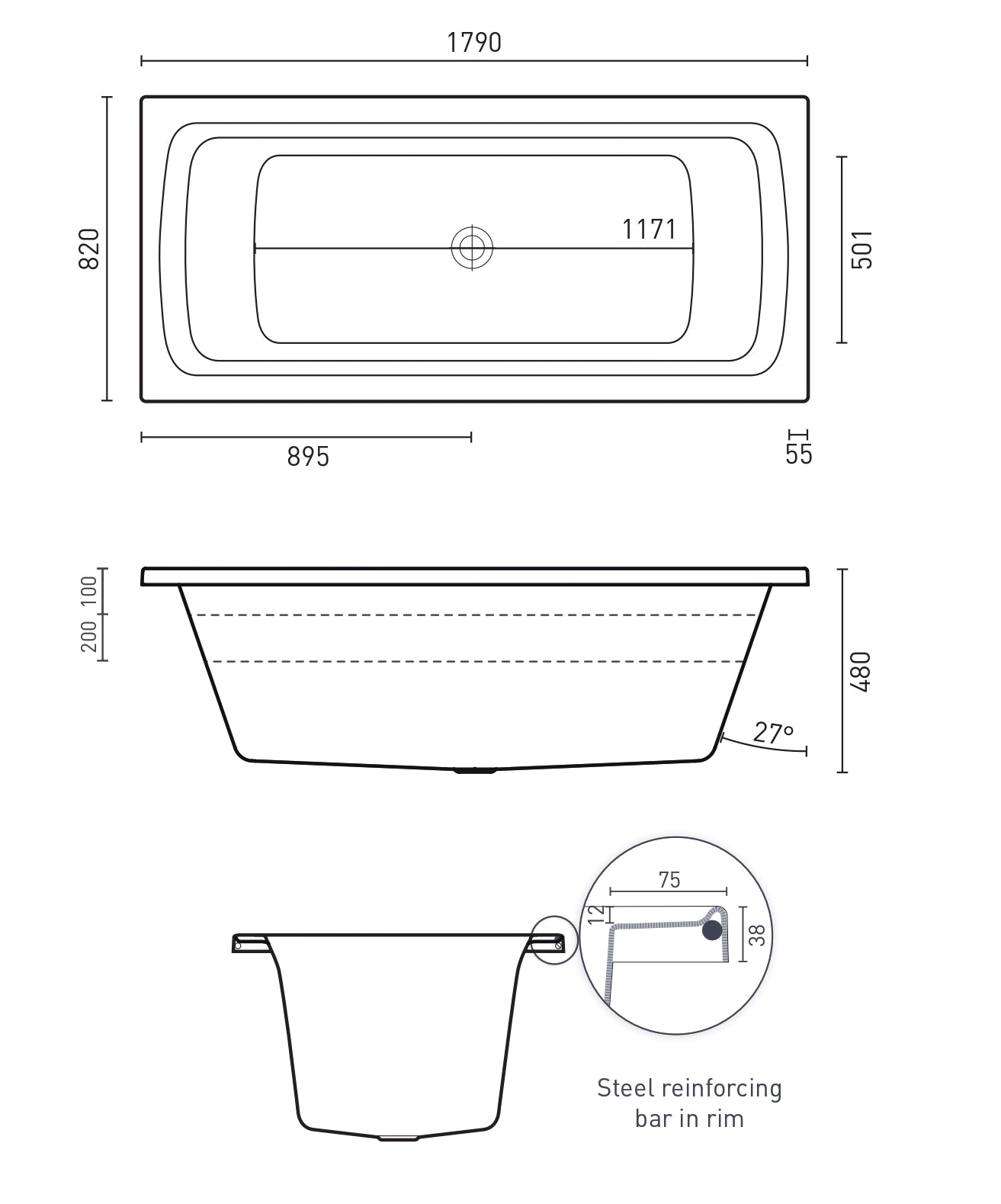 DECINA SAN DIEGO INSET BATH GLOSS WHITE 1790MM