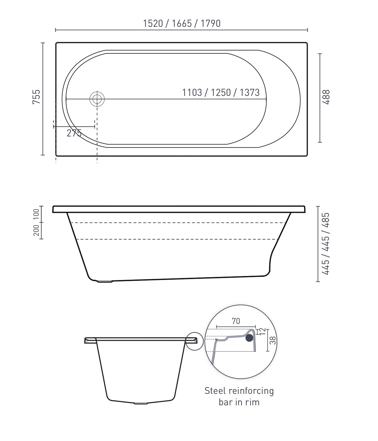 DECINA TURIN INSET BATH GLOSS WHITE (AVAILABLE IN 1520MM, 1665MM AND 1790MM)
