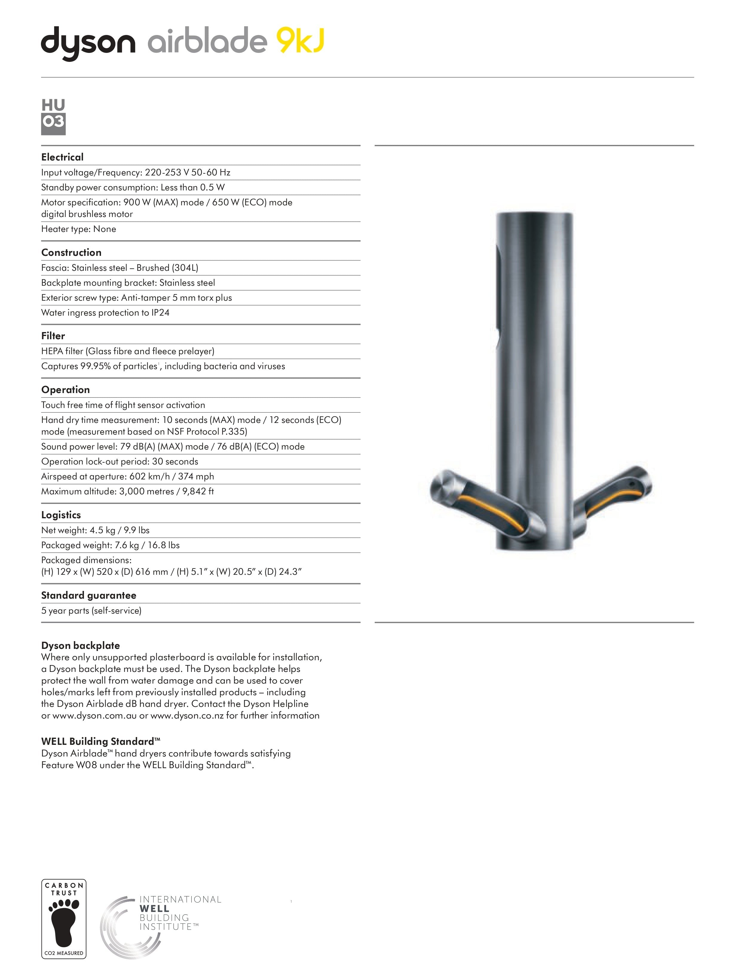 DYSON AIRBLADE 9KJ SENSOR HAND DRYER BRUSHED STAINLESS STEEL 500MM X 450MM