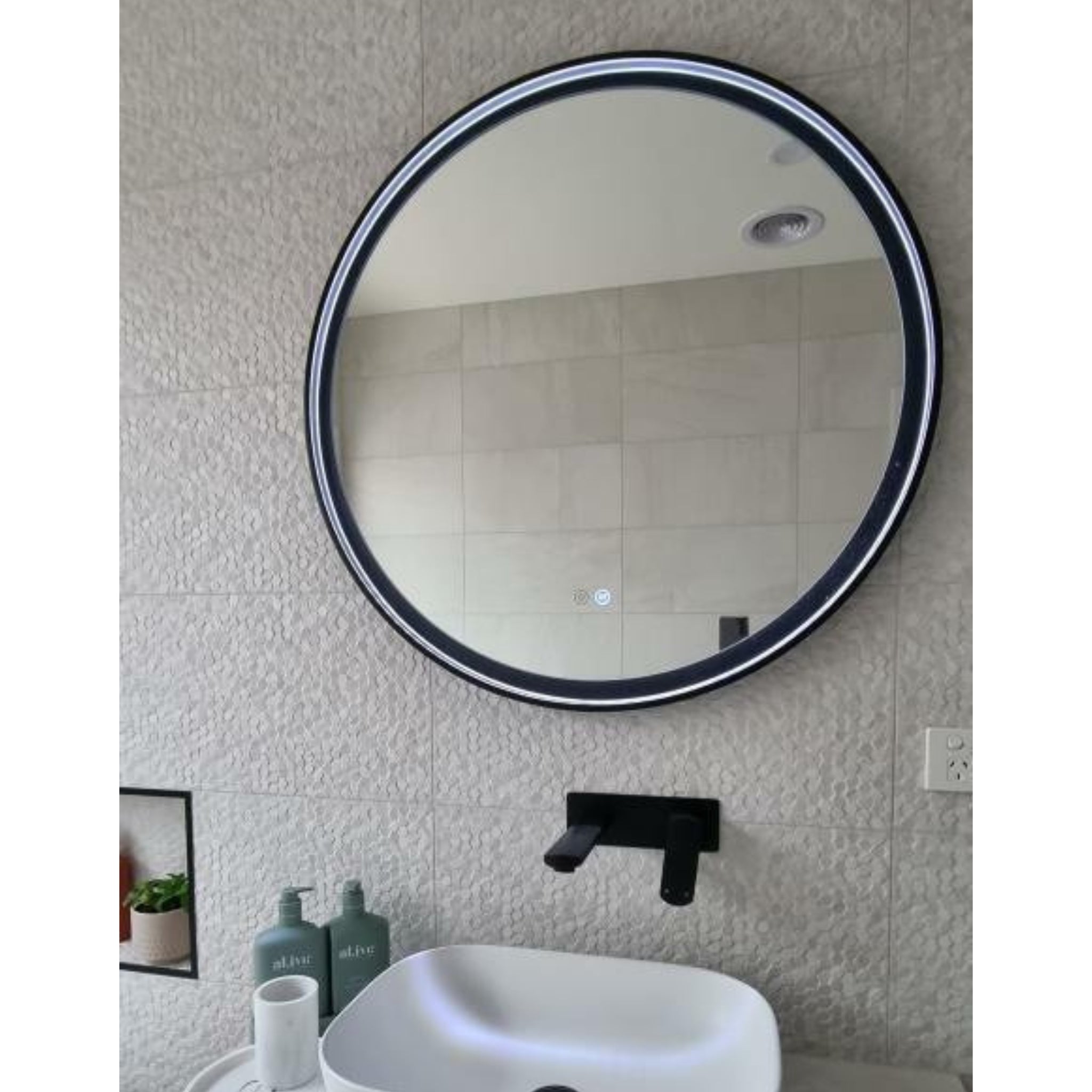 REMER ECLIPSE ROUND FRAMED LED MIRROR WITH DEMISTER MATTE BLACK 800X800MM