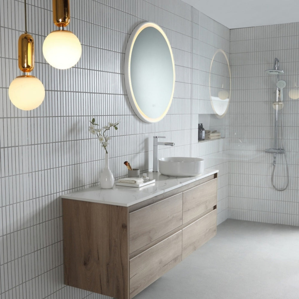 REMER ECLIPSE ROUND FRAMED LED MIRROR WITH DIMMER & DEMISTER MATTE WHITE 800X800MM