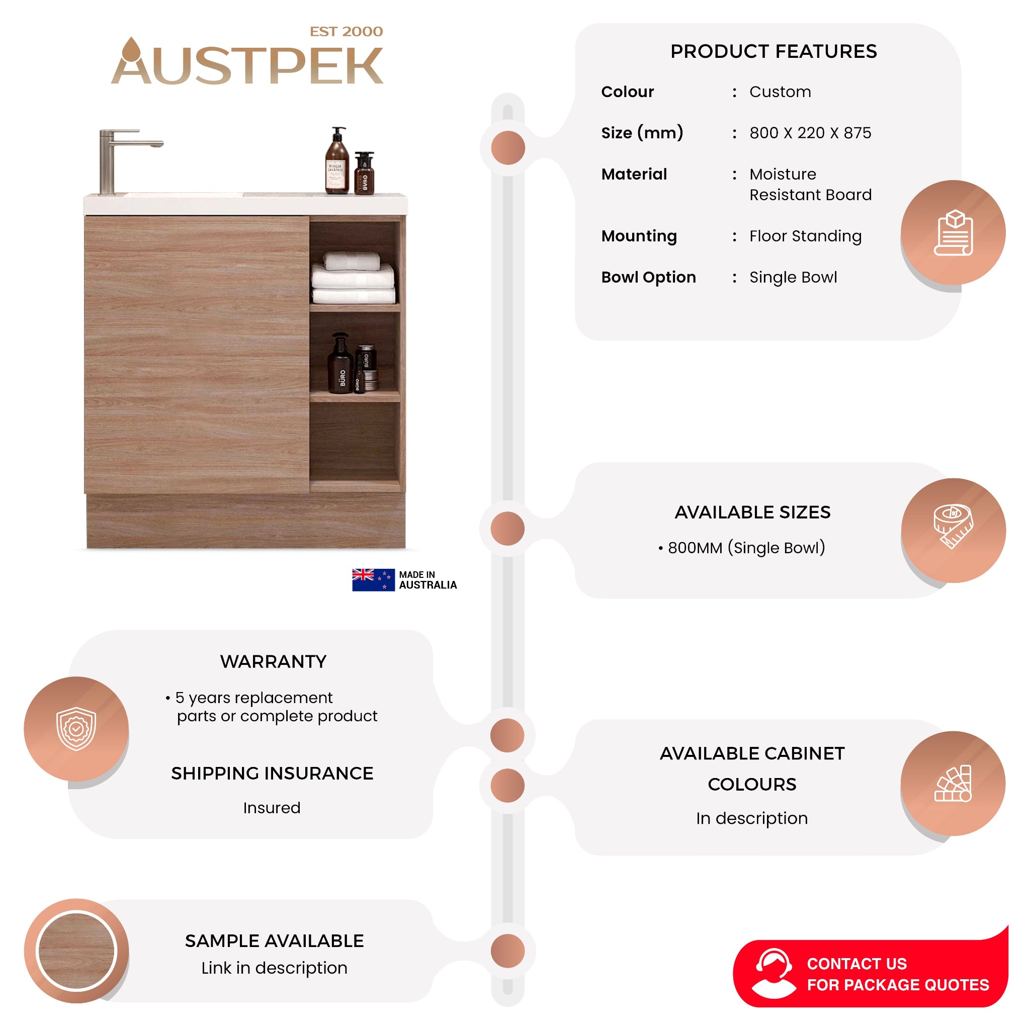 TIMBERLINE EADIE 800MM SPACE SAVING SINGLE BOWL CUSTOM FLOOR STANDING VANITY