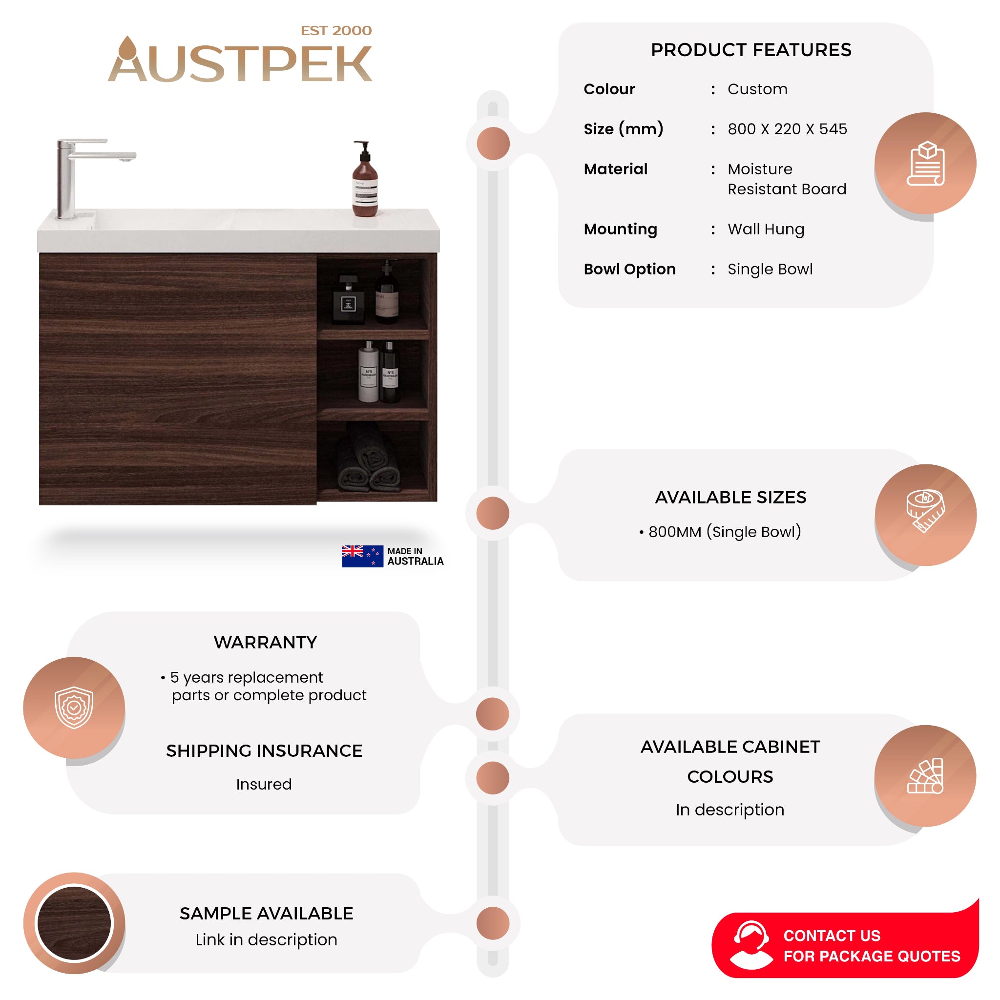 TIMBERLINE EADIE 800MM SPACE SAVING SINGLE BOWL CUSTOM WALL HUNG VANITY