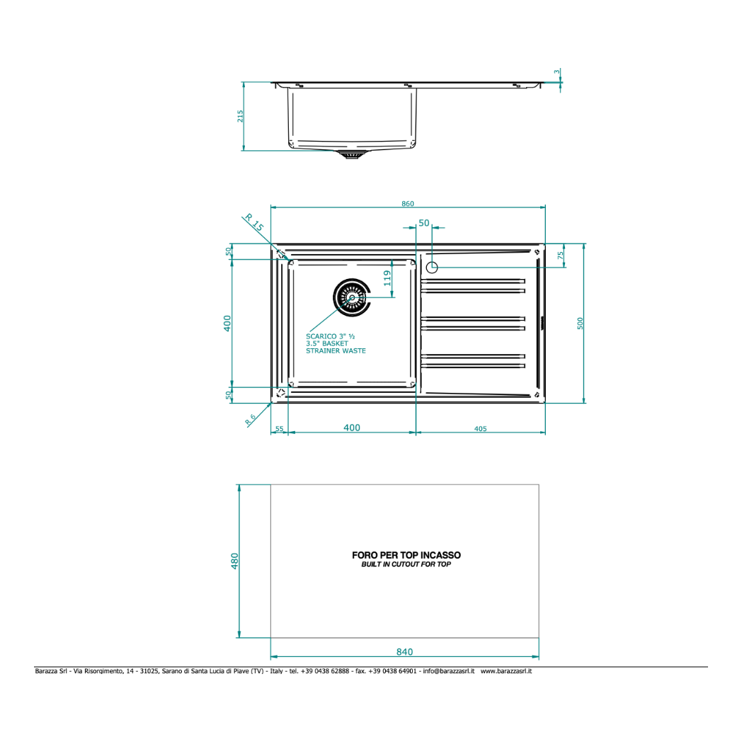 BARAZZA EASY100L KITCHEN SINK TECHNICAL DRAWING WITH DIMENSIONS