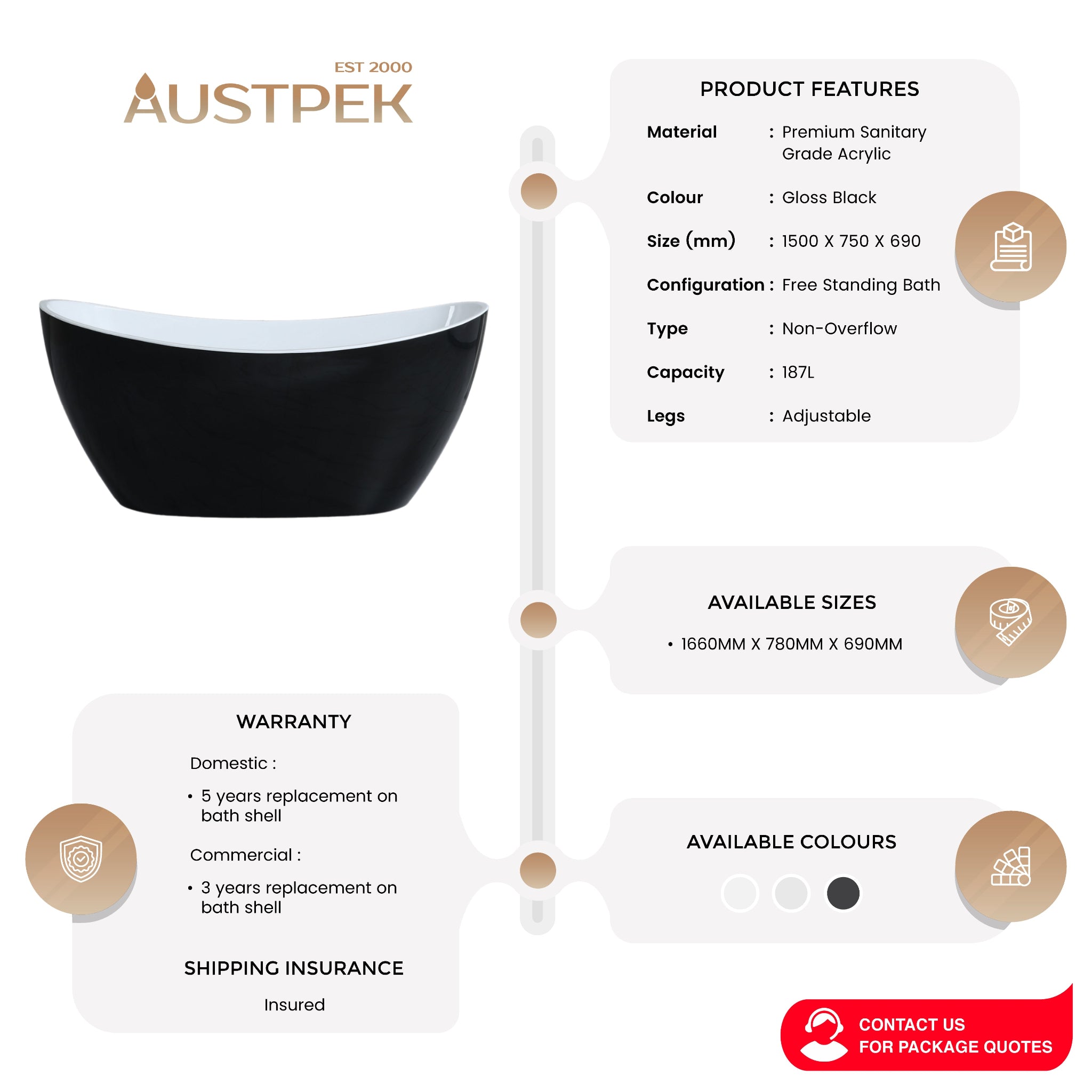 POSEIDON EVIE FREE STANDING BATHTUB GLOSS BLACK (AVAILABLE IN 1500MM AND 1660MM)