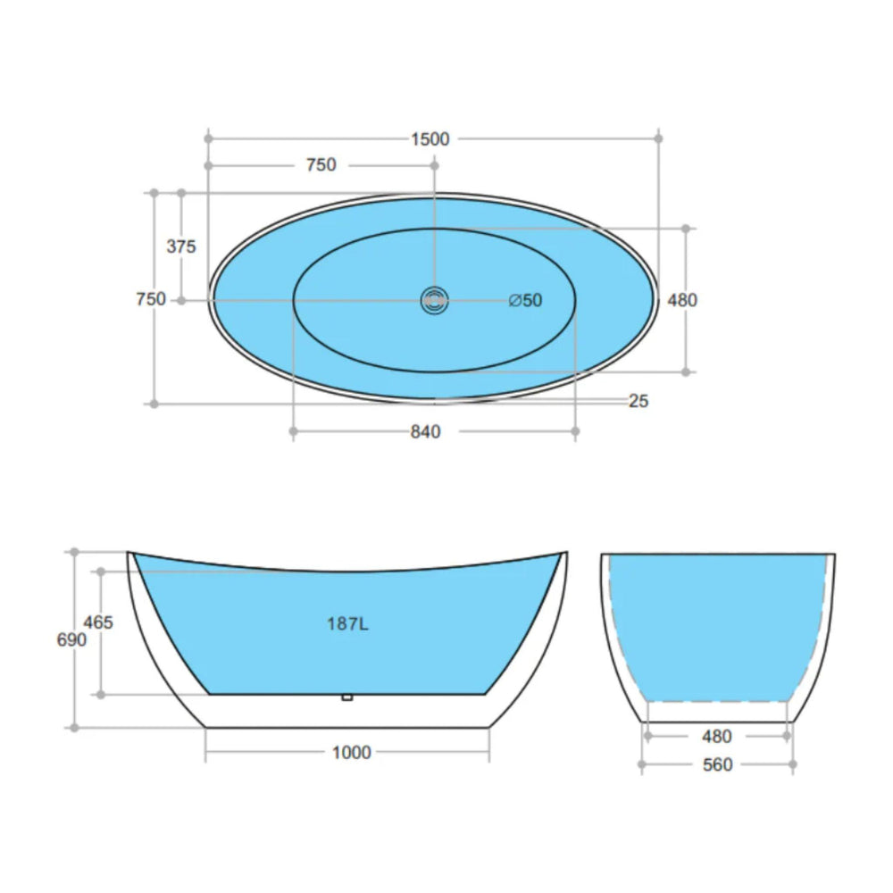 POSEIDON EVIE FREE STANDING BATHTUB GLOSS BLACK (AVAILABLE IN 1500MM AND 1660MM)