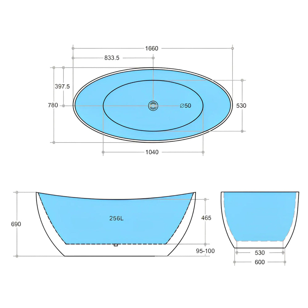 POSEIDON EVIE FREESTANDING NON OVERFLOW BATHTUB 1660MM MATTE WHITE
