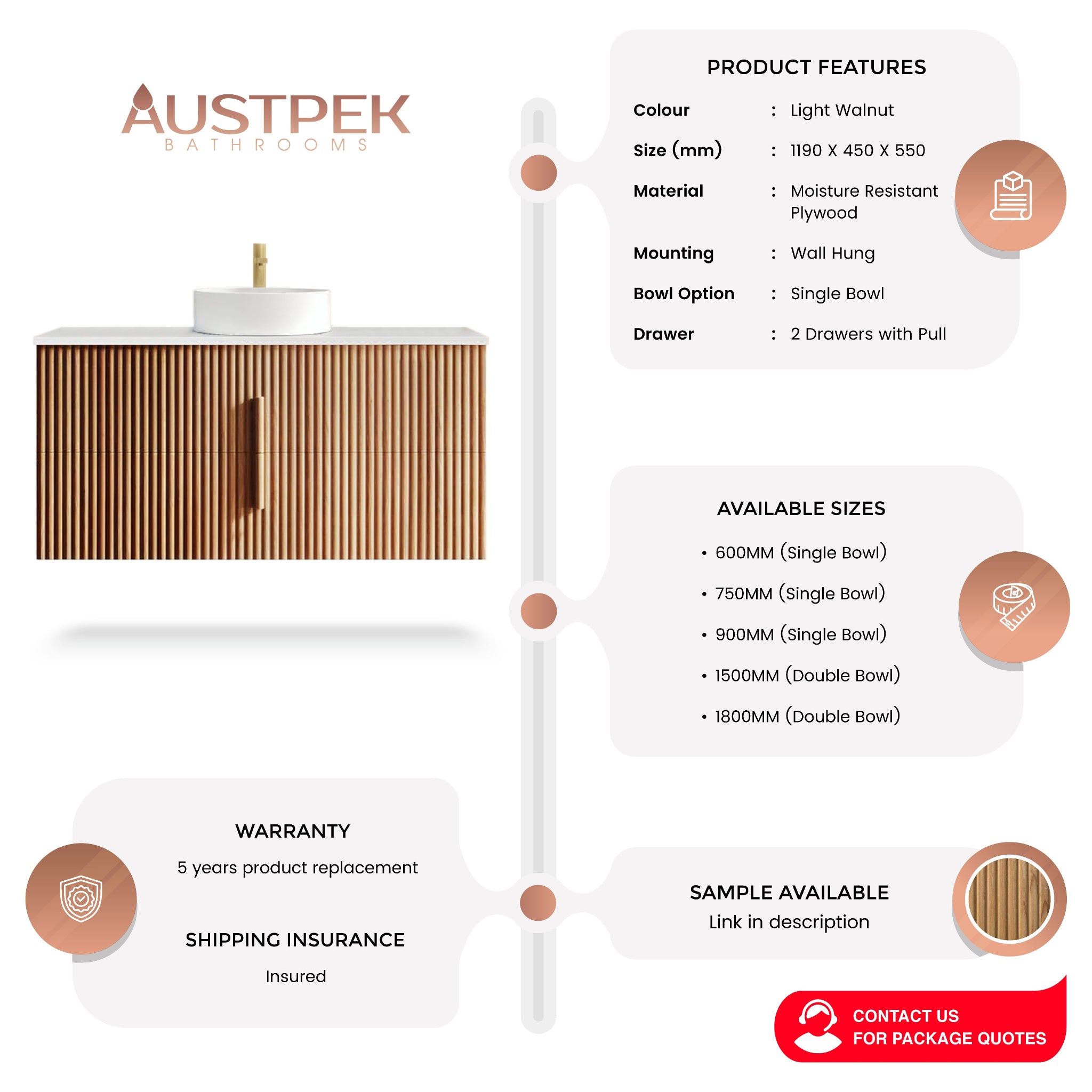 ORIO EDEN LIGHT WALNUT 1200MM SINGLE BOWL WALL HUNG VANITY