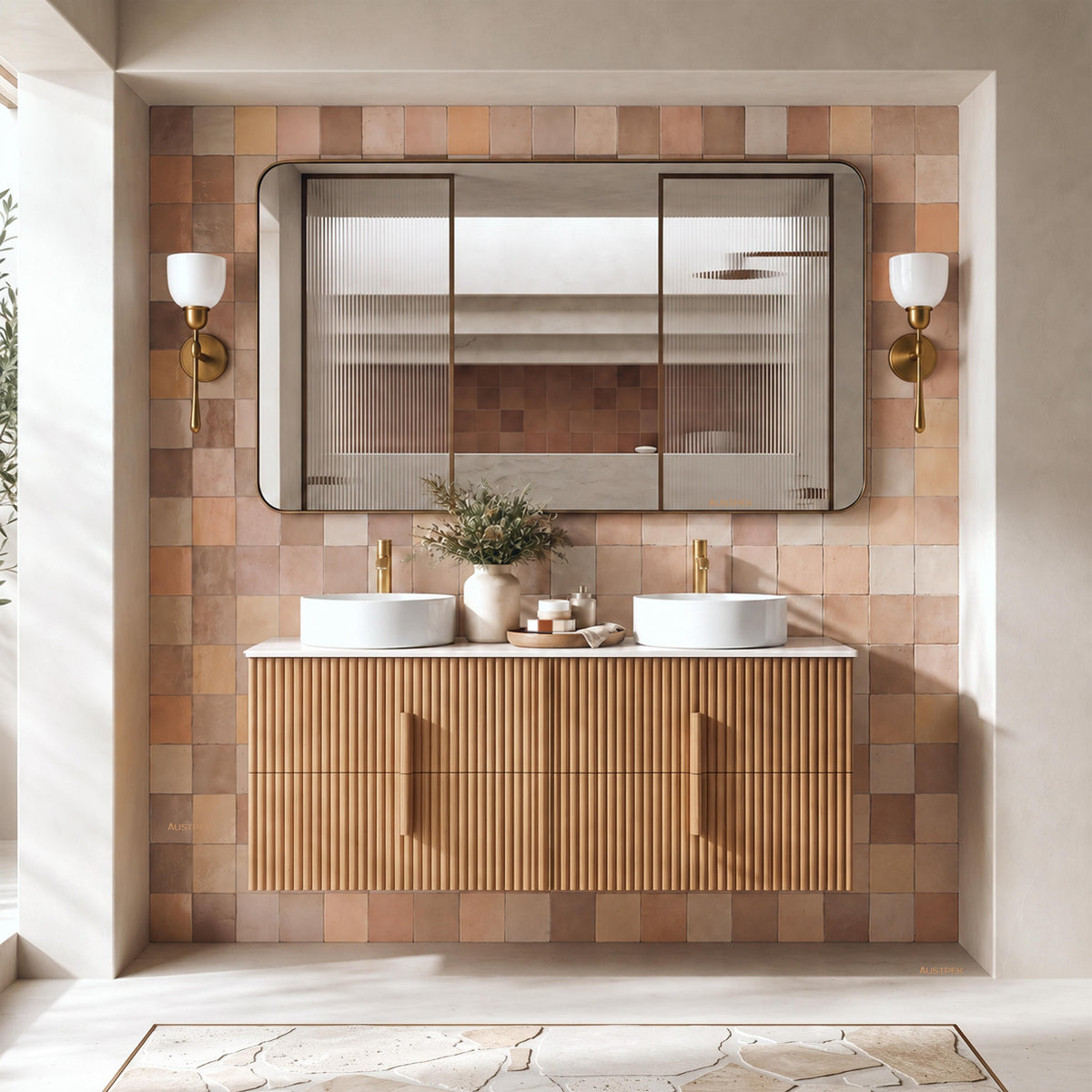 ORIO EDEN LIGHT WALNUT 1500MM DOUBLE BOWL WALL HUNG VANITY
