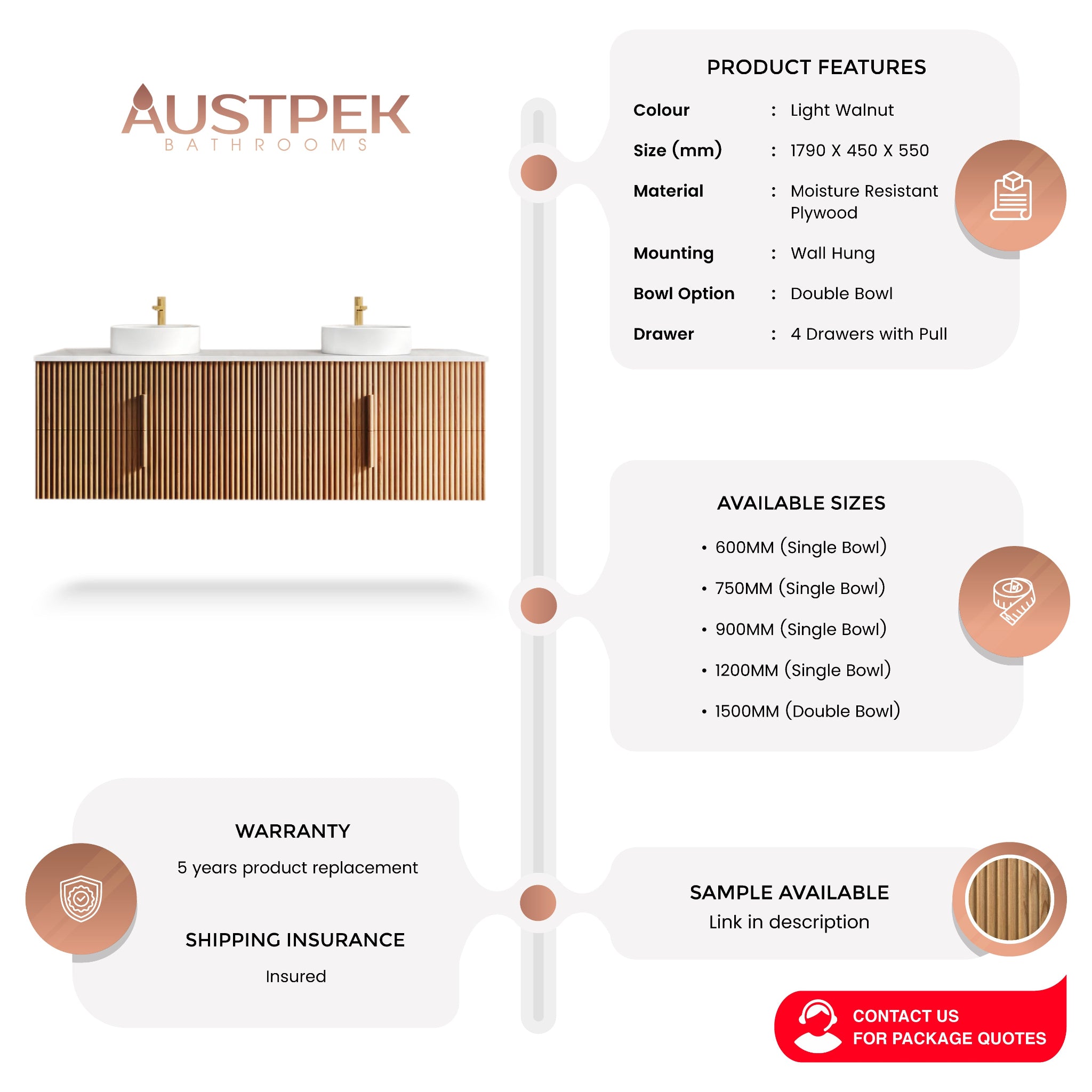 ORIO EDEN LIGHT WALNUT 1800MM DOUBLE BOWL WALL HUNG VANITY