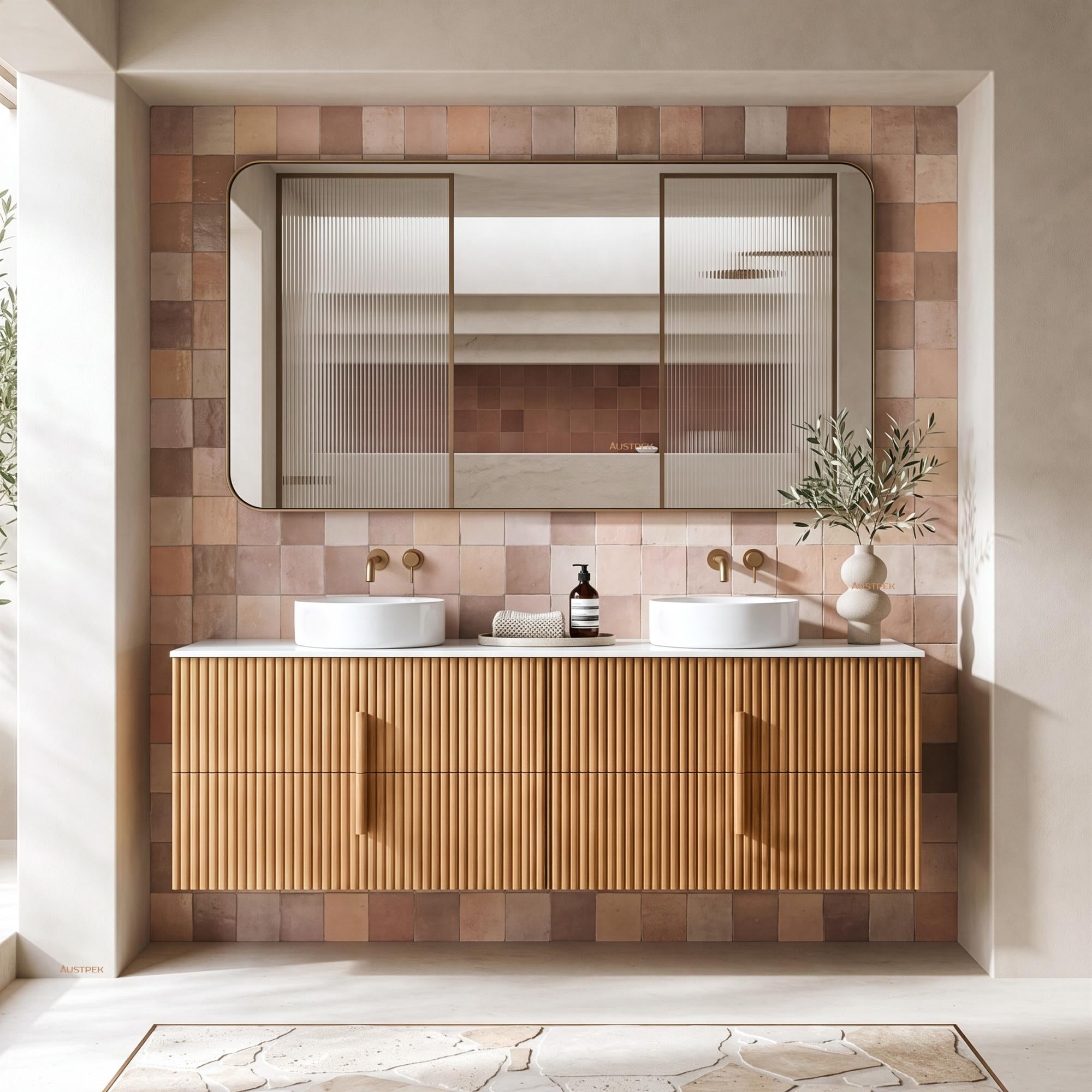 ORIO EDEN LIGHT WALNUT 1800MM DOUBLE BOWL WALL HUNG VANITY