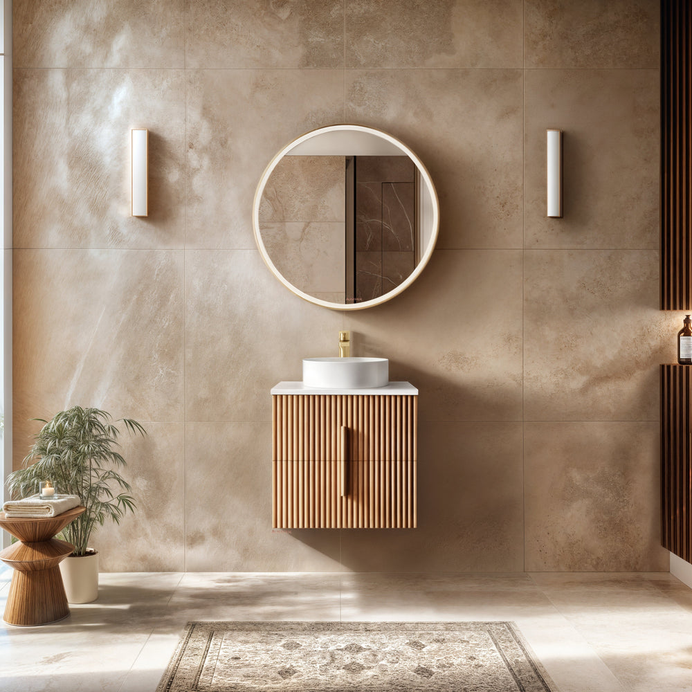 ORIO EDEN LIGHT WALNUT 600MM SINGLE BOWL WALL HUNG VANITY