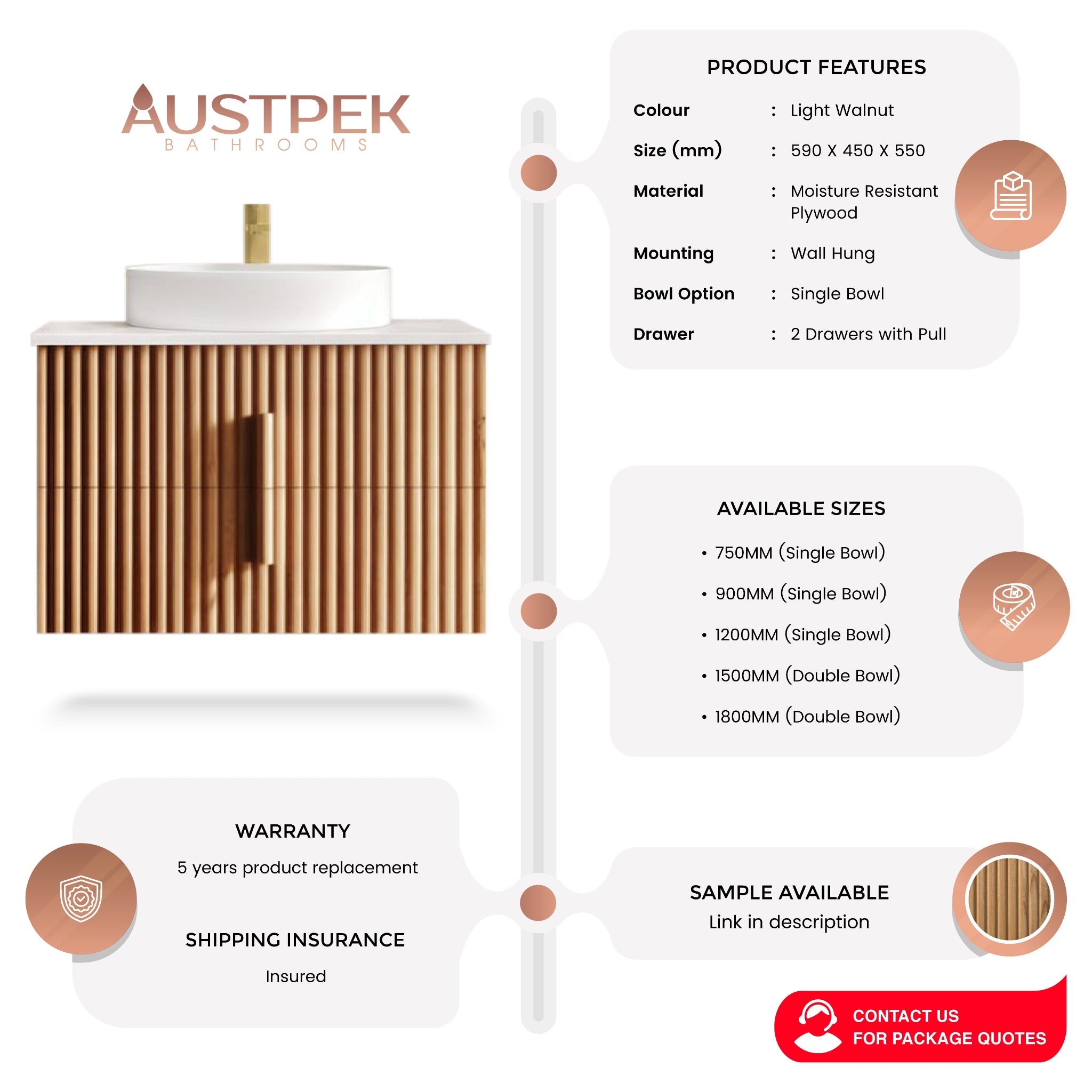 ORIO EDEN LIGHT WALNUT 600MM SINGLE BOWL WALL HUNG VANITY