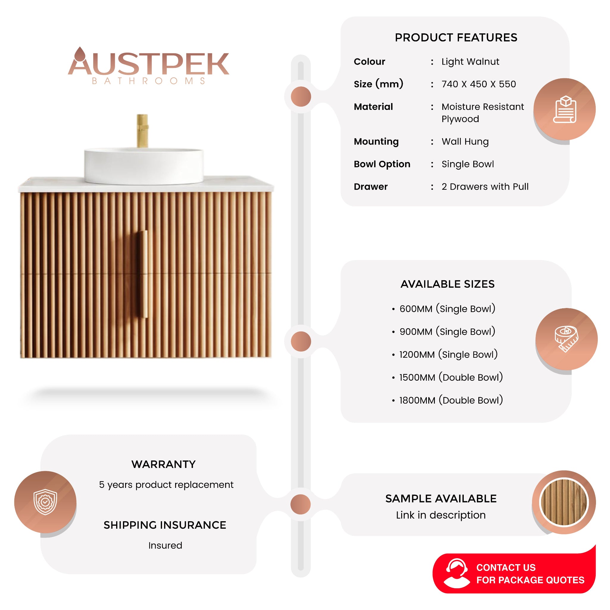 ORIO EDEN LIGHT WALNUT 750MM SINGLE BOWL WALL HUNG VANITY