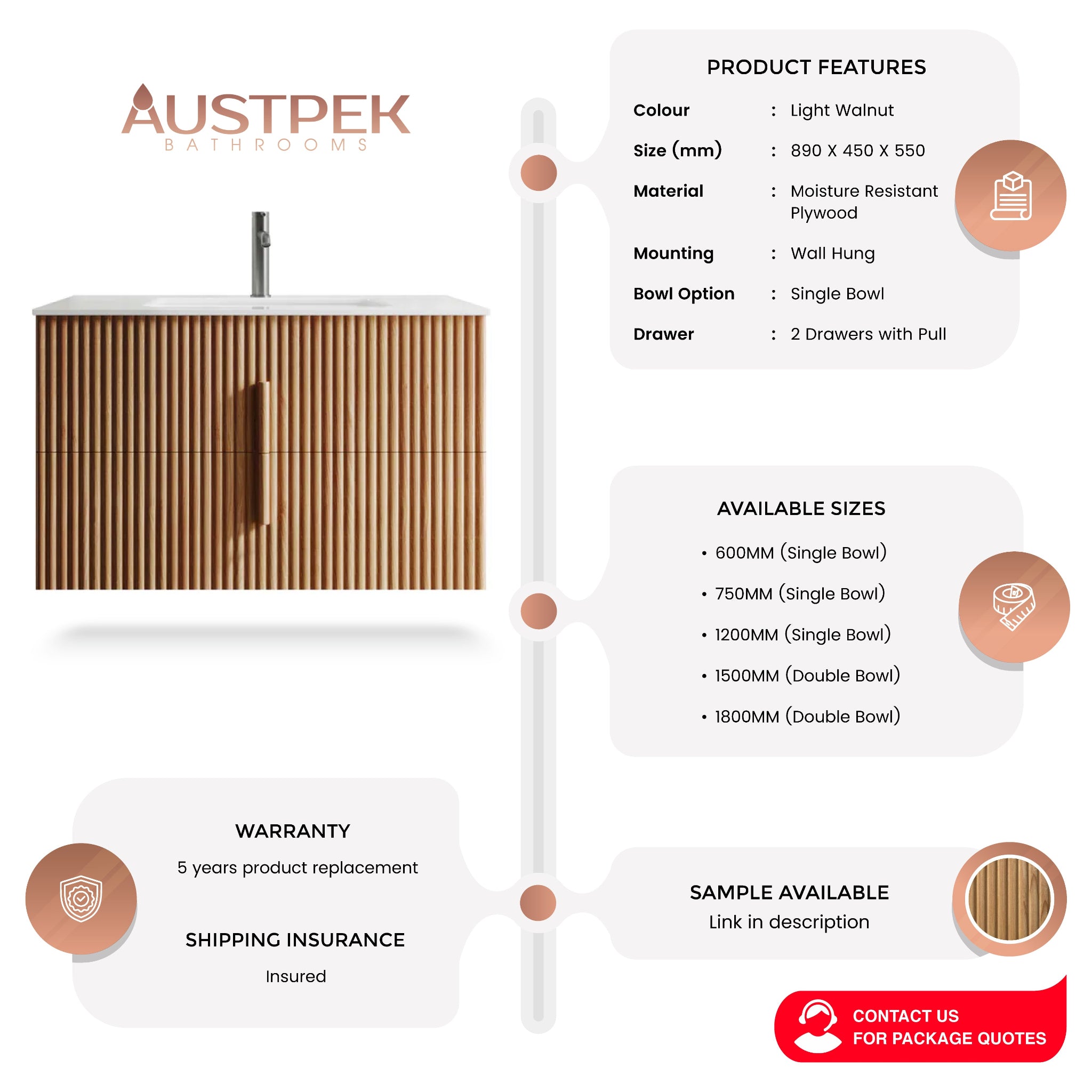 ORIO EDEN LIGHT WALNUT 900MM SINGLE BOWL WALL HUNG VANITY