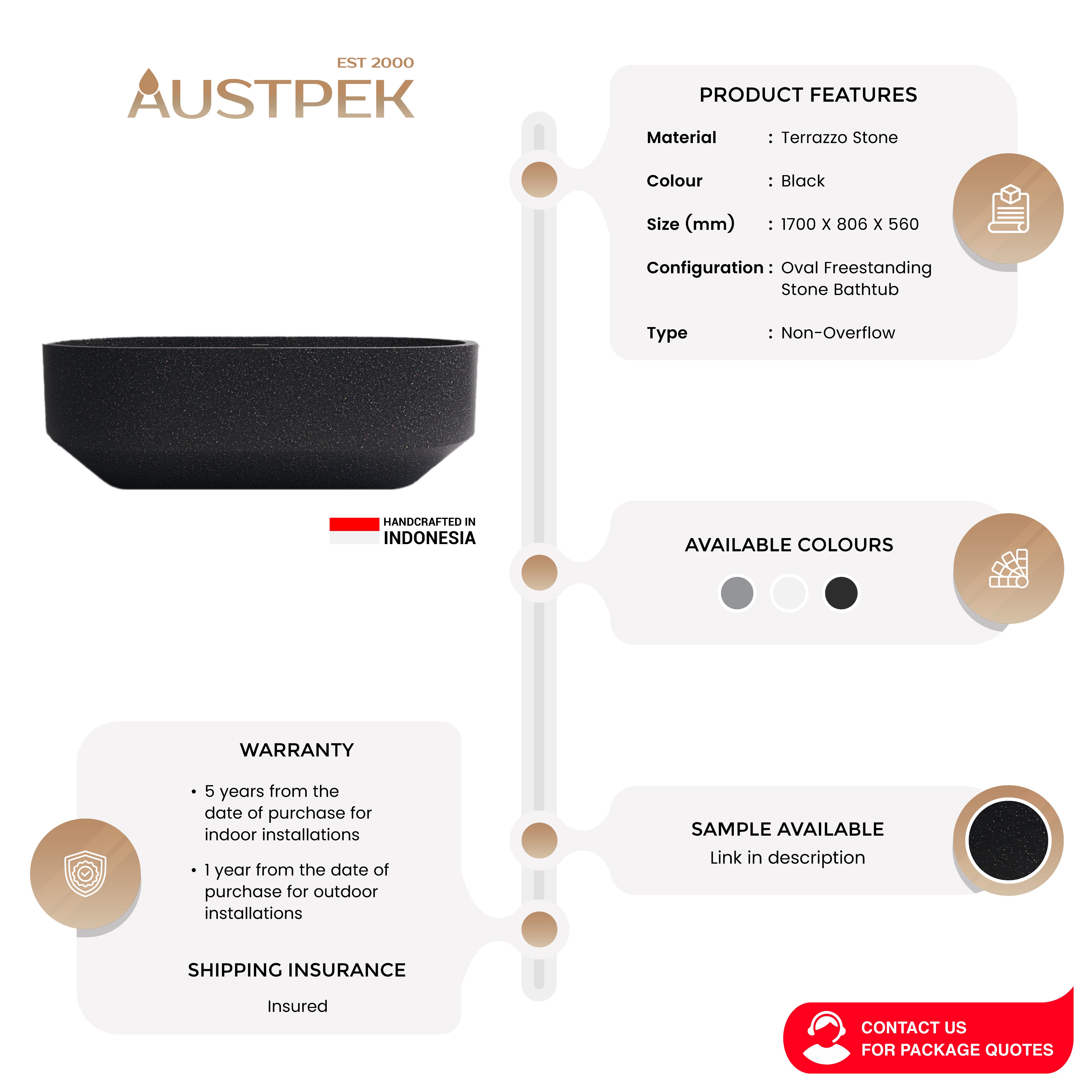 MADU EDEN FREESTANDING BATHTUB TERRAZO STONE BLACK 1700MM