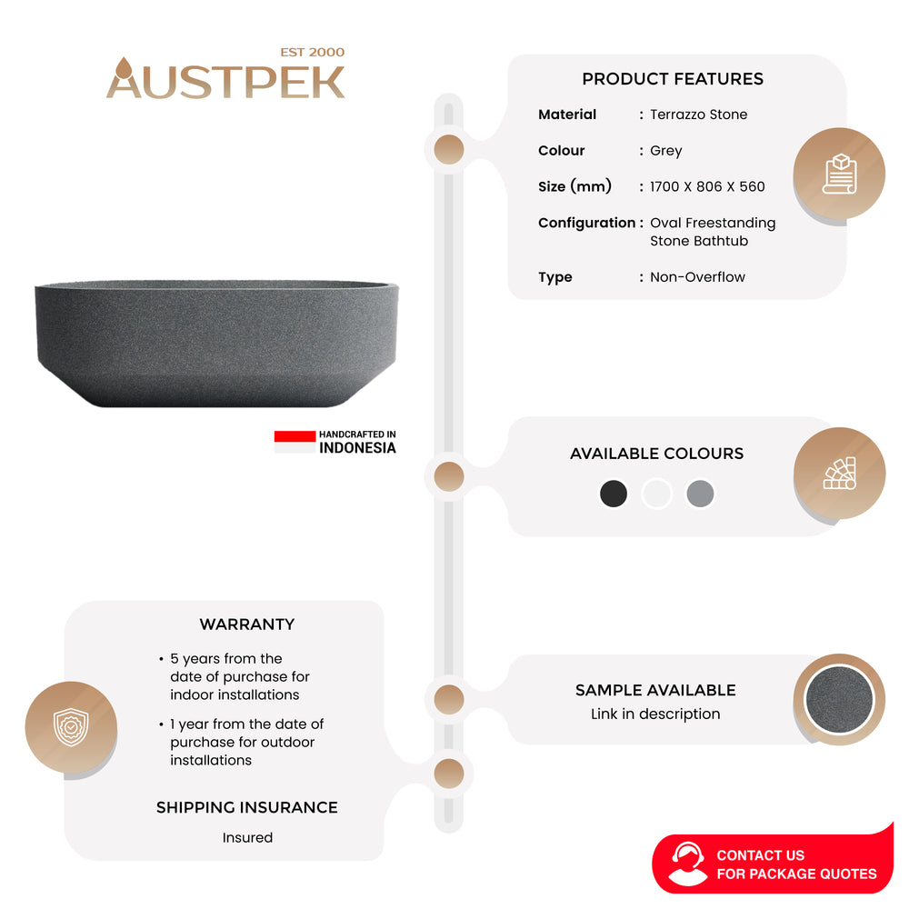 MADU EDEN FREESTANDING BATHTUB TERRAZO STONE GREY 1700MM