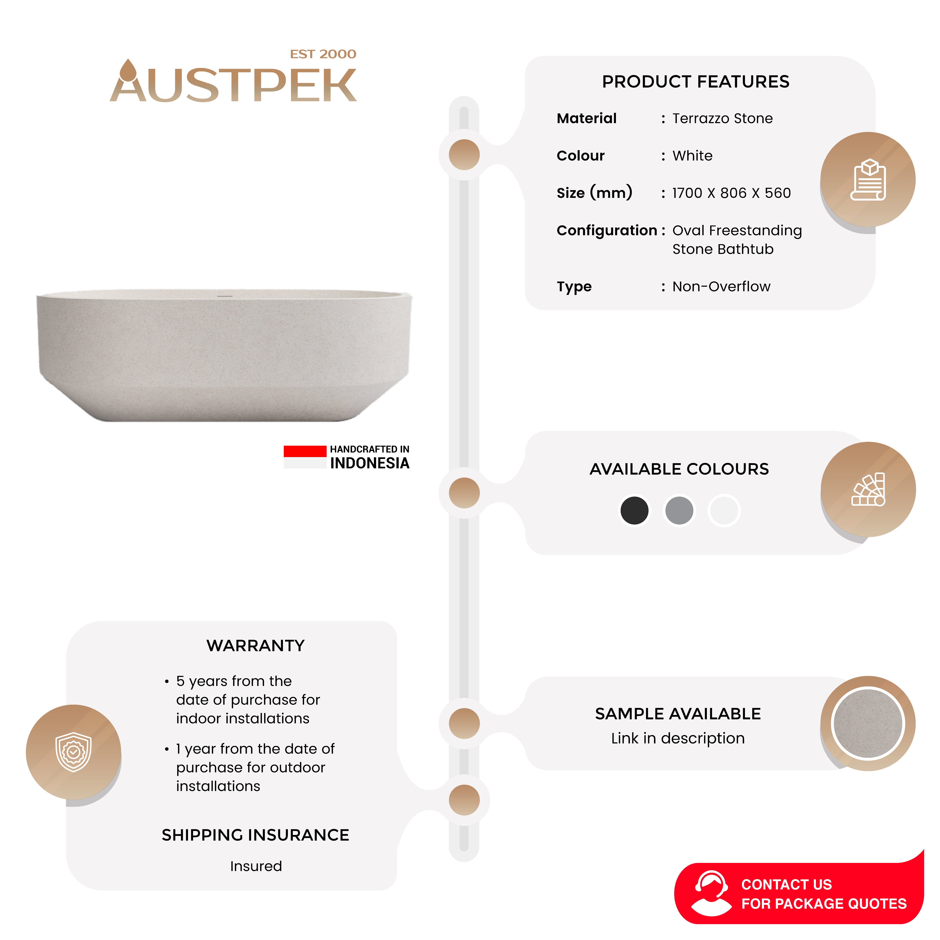 MADU EDEN FREESTANDING BATHTUB TERRAZO STONE WHITE 1700MM