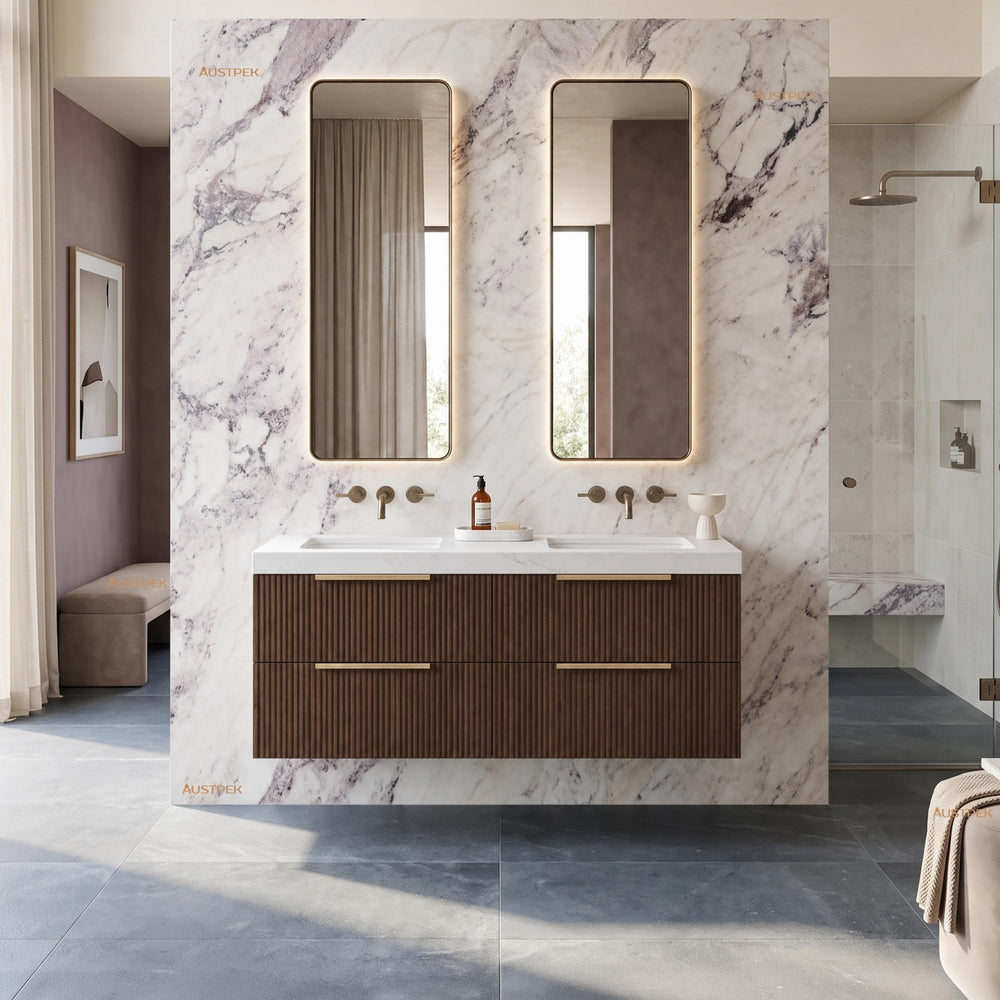 VITO EDINA WALNUT 1200MM FLUTED DOUBLE BOWL WALL HUNG VANITY