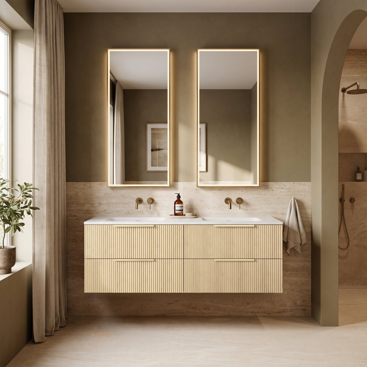 VITO EDINA CLASSIC OAK 1500MM FLUTED DOUBLE BOWL WALL HUNG VANITY
