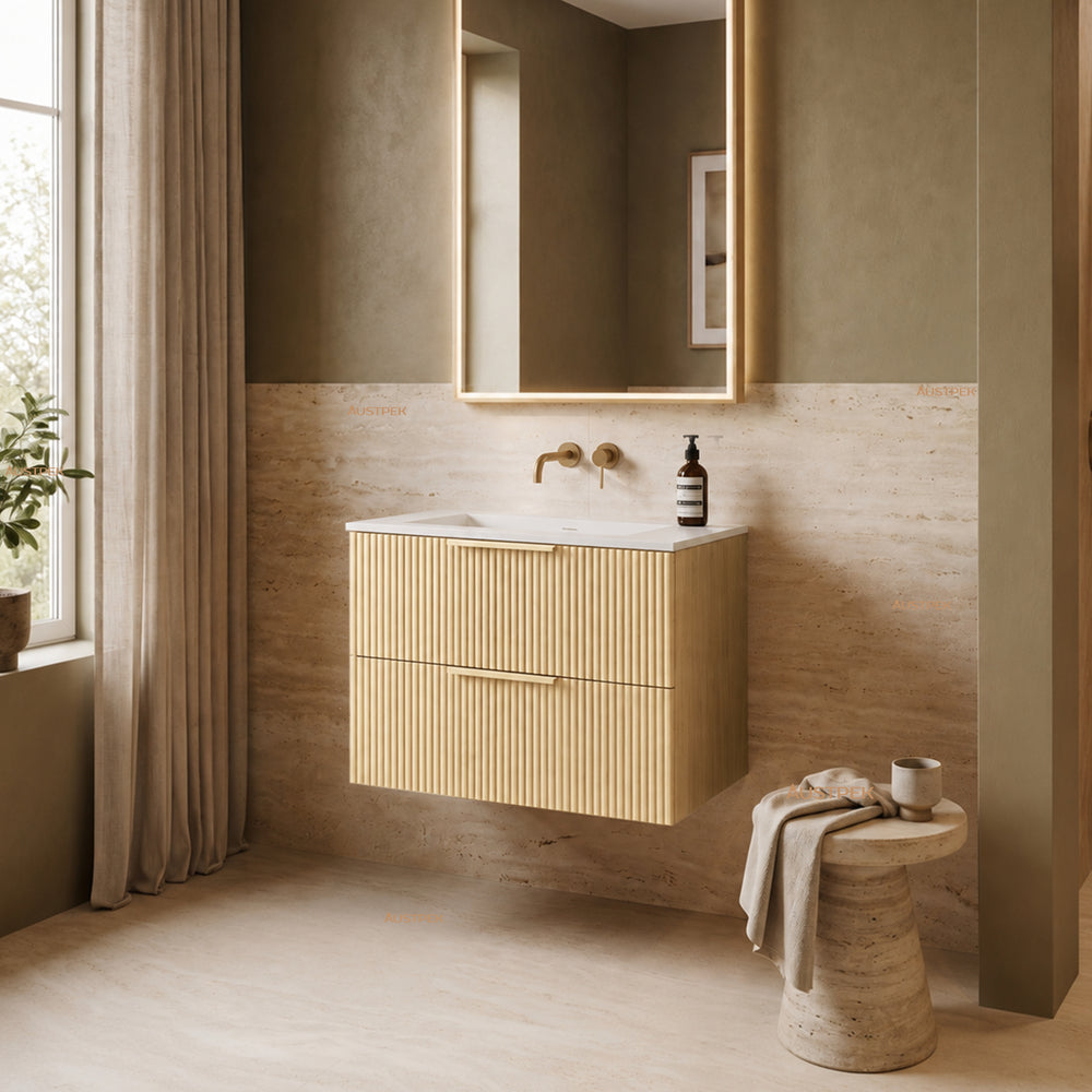 VITO EDINA CLASSIC OAK 750MM FLUTED SPACE SAVING SINGLE BOWL WALL HUNG VANITY