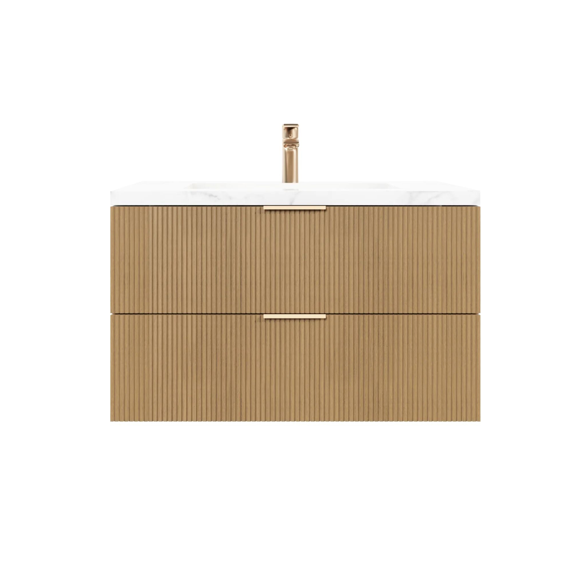 VITO EDINA PRIME OAK 900MM FLUTED SINGLE BOWL WALL HUNG VANITY