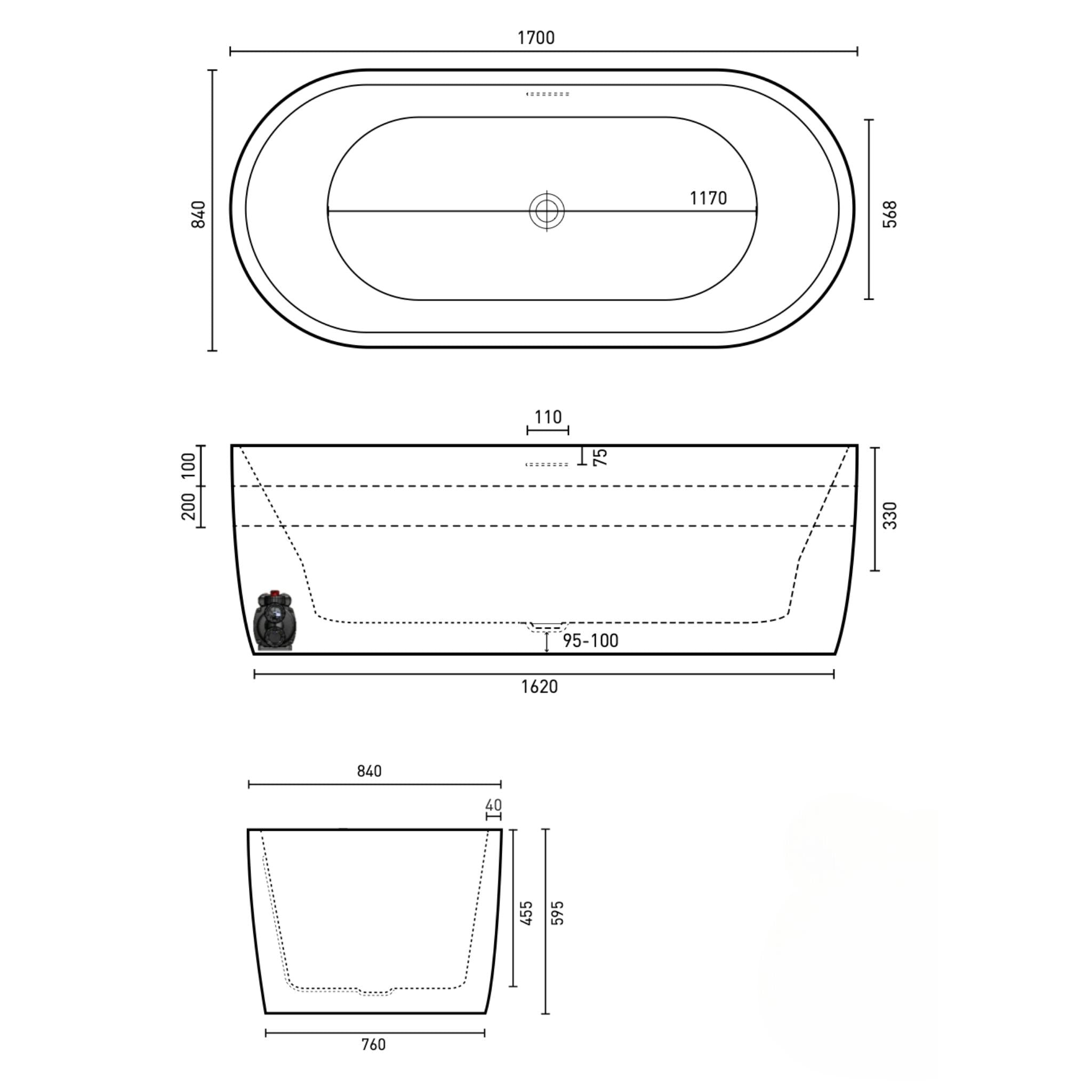 DECINA ELISI FREESTANDING SPA BATH WITH INTEGRATED OVERFLOW GLOSS WHITE 1700MM WITH 12-JETS