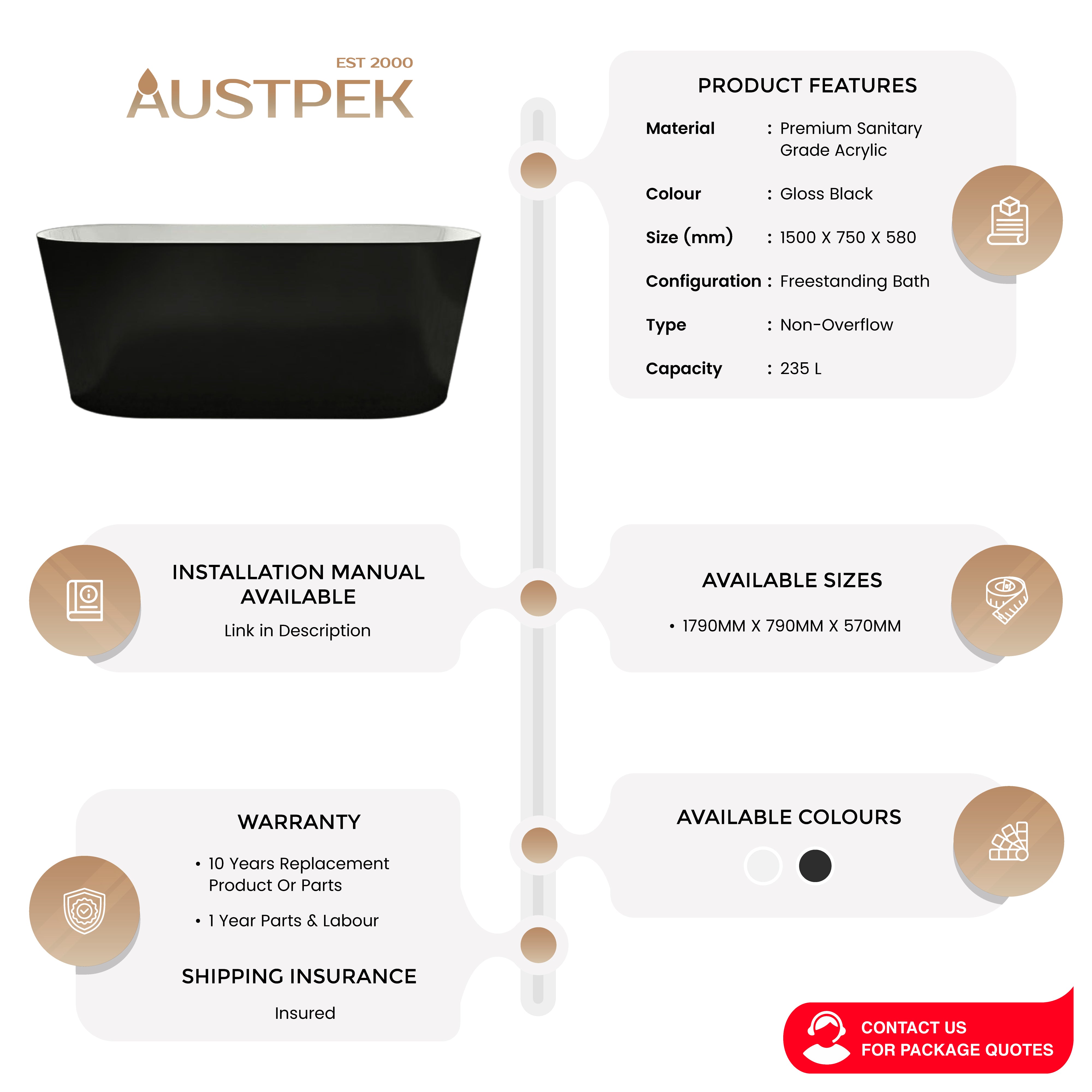 DECINA ELINEA FREESTANDING BATH GLOSS BLACK (AVAILABLE IN 1500MM AND 1790MM)