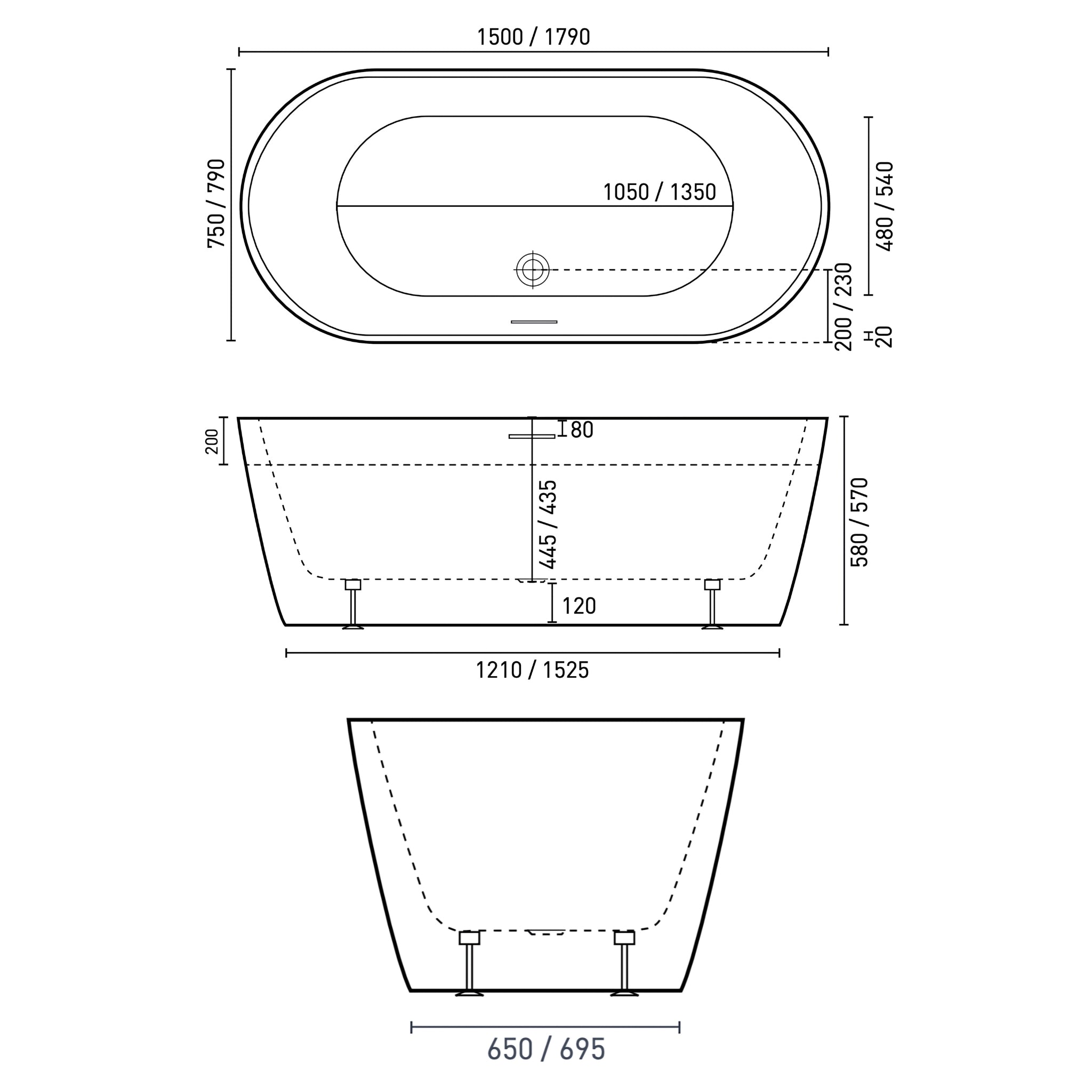 DECINA ELINEA FREESTANDING BATH WITH INTEGRATED OVERFLOW GLOSS BLACK (AVAILABLE IN 1500MM AND 1790MM)